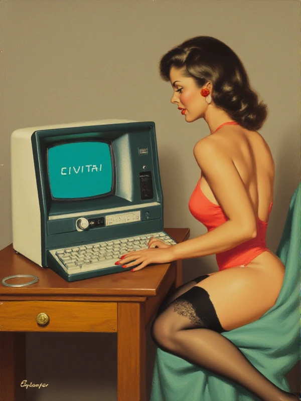 <lora:Pinup_Art:0.9> Pinup Art of a retro woman using a retro computer. The screen display a text "CIVITAI". Stockings