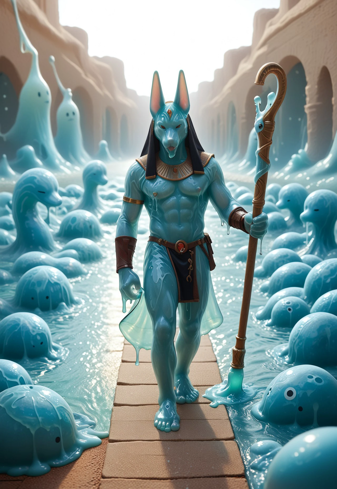 score_9, score_8_up, score_7_up, (((source_furry))), (((barefoot furry male))), Anubis, full body, dynamic pose, eyecatching composition, detailed background. (((slime-morph))), (((scenery made from slime))), ((slime furry character)), leather high sandals, gauntlet, staff

