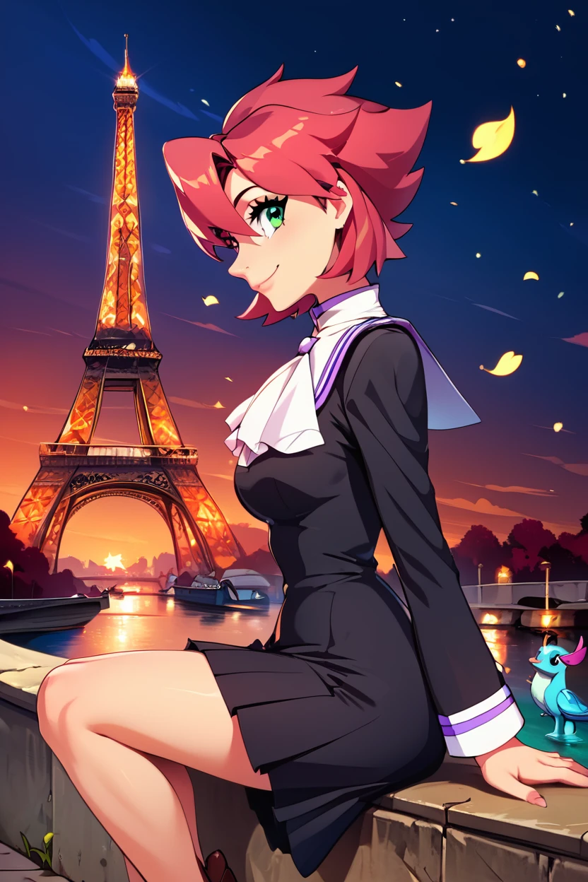 score_9, score_8_up, score_8, medium breasts, (curvy), cute, eyelashes,       ,,, , zzChiaia, 1girl, solo, red hair, short hair, green eyes, black dress, school uniform, ascot, <lora:ChiaiaFlanTenchi_PDXL:1.0>,,,, BREAK, zzEiffelTower in background, sitting, watercraft, boat, sitting on wall, side view, looking at viewer, smile, ,,, BREAK, blooming stars, luminescent petals, otherworldly fragrance blurry background, ,,, embedding:zPDXL, Expressiveh, ,,, <lora:EiffelTowerPDXL:0.8>, <lora:CatalystStylePDXL:0.6>, <lora:SDXLFaeTastic2400:0.5>, <lora:Expressive_H-000001:0.4>,