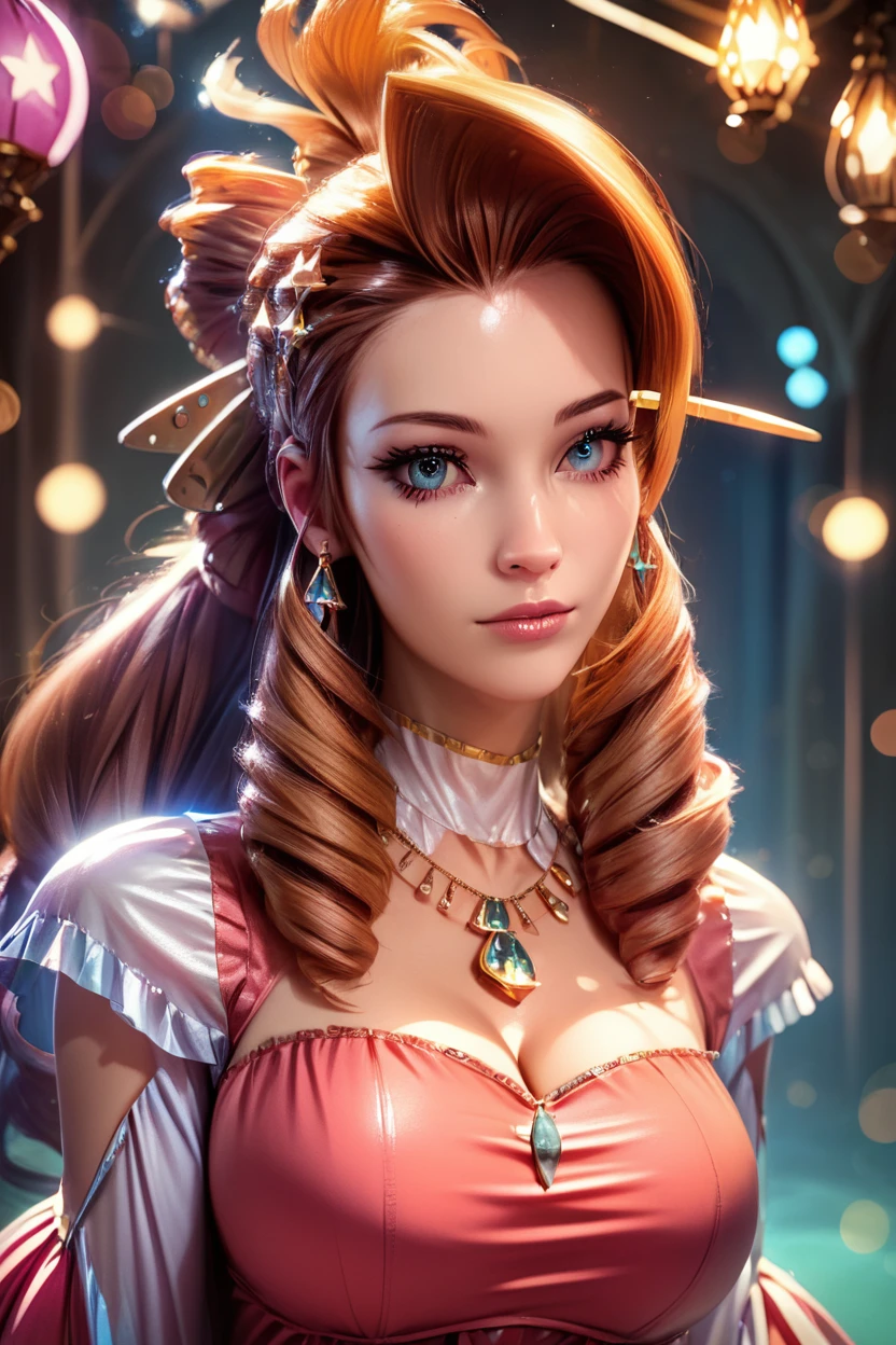 score_9, score_8_up, score_8, medium breasts, (curvy), cute, eyelashes,       ,,, , zzFlora, brown hair, drill hair, cleavage, dress, hair ornament, jewelry, ponytail, necklace, <lora:FloraNanadanTenchi_PDXL:1.0>,,,, BREAK,  (ultra realistic,32k, masterpiece:1.2),(high detailed skin:1.1),( high quality:1.1), head tilt, lips, closed mouth, shiny clothes, (upper body), looking at viewer, bokeh, luminescent background, ,,, embedding:zPDXL, Expressiveh, ,,, <lora:RlAnmPDXL:1.0>,