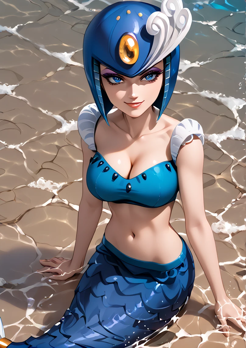 1girl,
score_6, score_7, score_8, score_9,
masterpiece, best quality, highly detailed, lips, eyeshadow,
 <lora:Splash_Woman:1.2>, blue eyes, white design on helmet,female robot, blue mermaid tail, blue helmet, blue crop top, mermaid tail, sleeveless, 
sassy, snob, smug, underwater, bubbles,
 <lora:Fully_Exposed_Stomach:1> FullyExposedStomach, midriff, navel,  
<lora:lowleg_v0.4-pony:1> lowleg, mermaid_tail, busty, cleavage, 
starting a viewer, emerging from the sea, beachside,