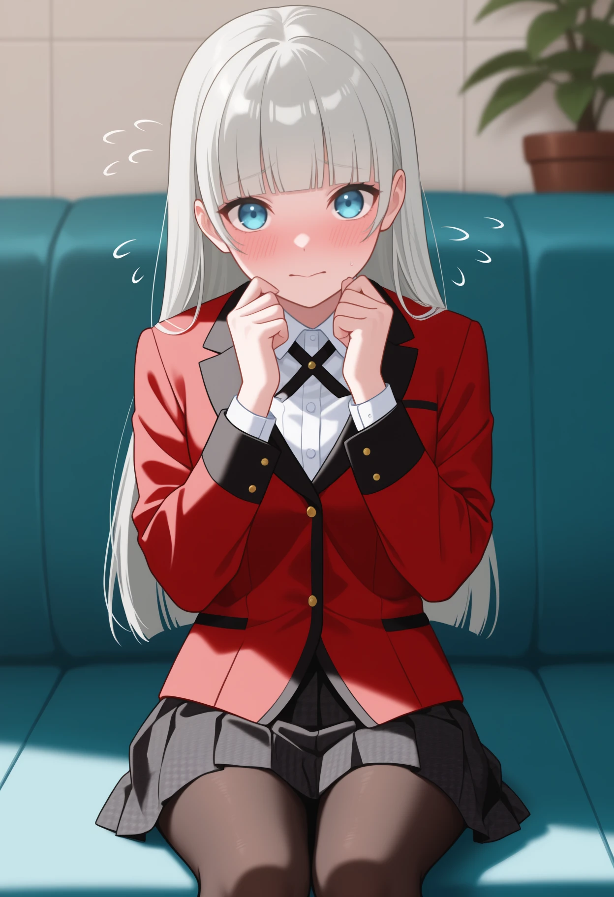 masterpiece, best quality, <break> solo, 1girl, r1rika, blush, flustered, looking at viewer, sitting, couch, hands up, flying sweatdrops, long hair, grey hair, blunt bangs, hime cut, blue eyes, red jacket, blazer, long sleeves, white shirt, collared shirt, cross tie, black skirt, pleated skirt, houndstooth, black pantyhose, indoors, tile floor, potted plant
<segment:yolo-Anzhc Face seg 640 v2 y8n.pt,0.4,0.5//cid=1>