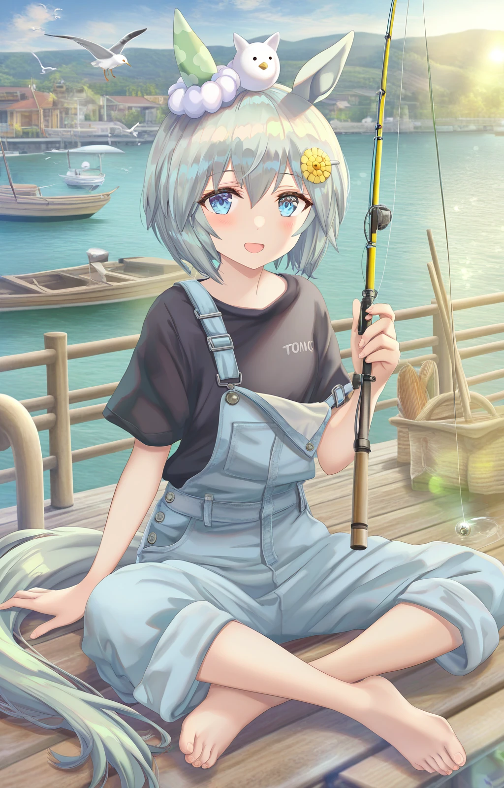 <lora:torino:1>,torino,seiun sky (umamusume),1girl,animal ears,horse ears,on head,bird,fishing rod,tail,shirt,horse tail,horse girl,short hair,overalls,seagull,black shirt,solo,sitting,hair ornament,outdoors,blue eyes,boat,blush,open mouth,short sleeves,smile,holding,ocean,hairclip,water,indian style,looking at viewer,pier,bare foot,