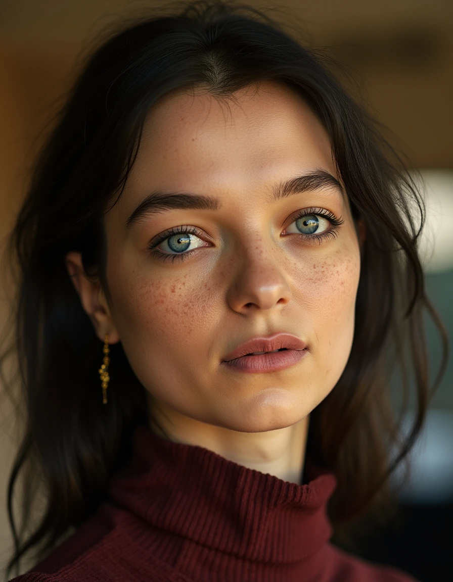 <lora:esme_creed_miles_dev_f1:1> esme. wearing a turtle neck sweater,  Close-up portrait of an elegant, radiant goddess with a subtle mystical aura, looking directly at the camera with a gentle smile.