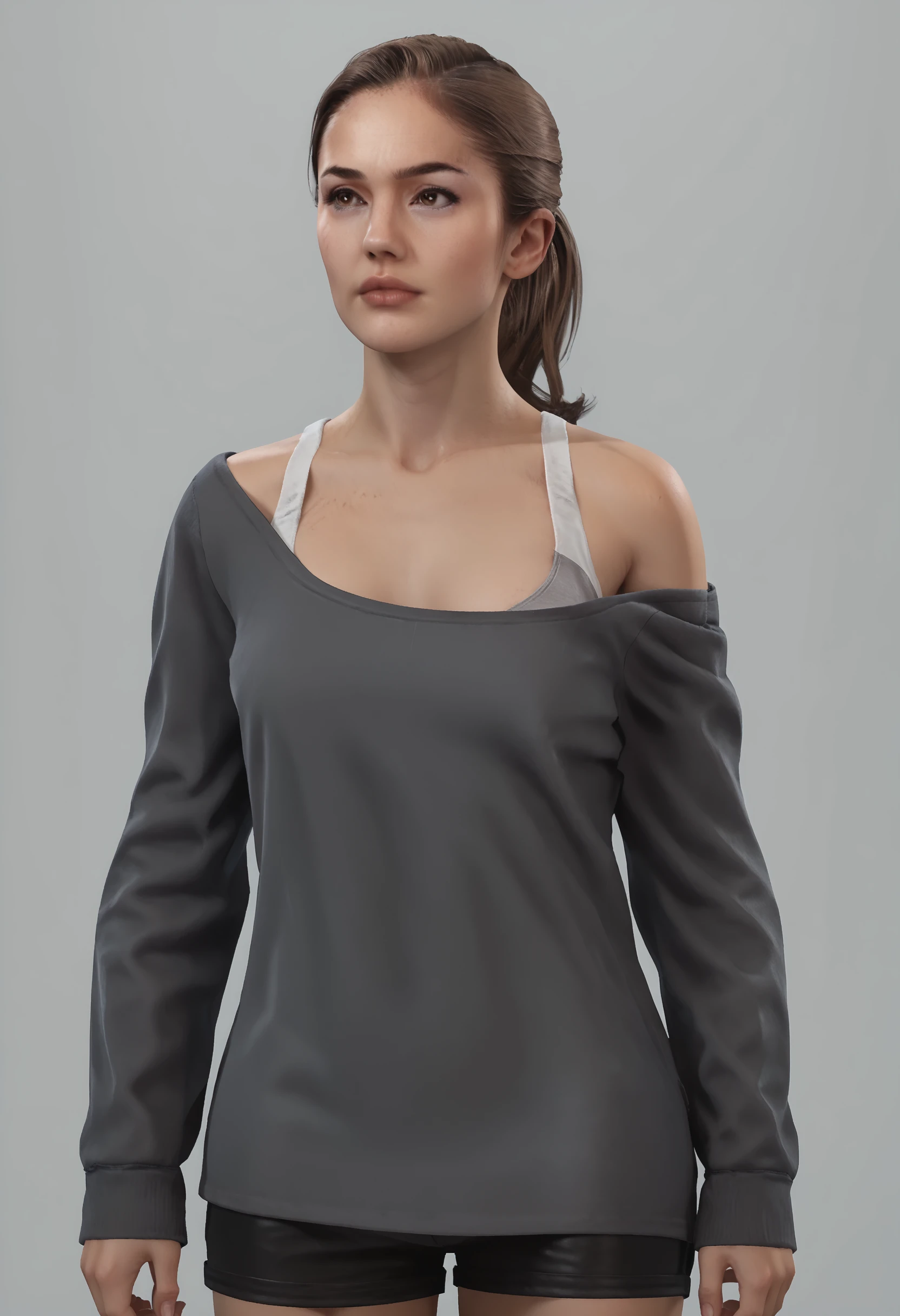 score_9, score_8_up, score_7_up, score_6_up, score_5_up, score_4_up, 1girl, <lora:NorthDBH:0.85> fnorth, brown hair, ponytail, brown eyes, lips, breasts, sweater, off shoulder, tank top, shorts, full body, standing, 
light blue background, simple background,