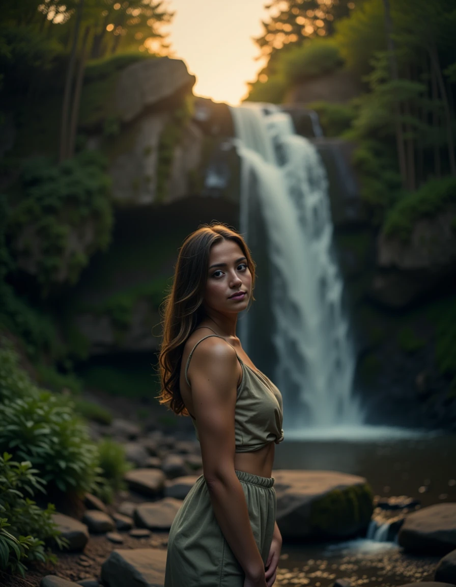 lexi <lora:lexi_dev_f1:1> Photo of a woman in a serene, moonlit forest, standing in front of a misty waterfall, looking directly at the camera with a peaceful expression, soft focus, and warm ambient lighting.