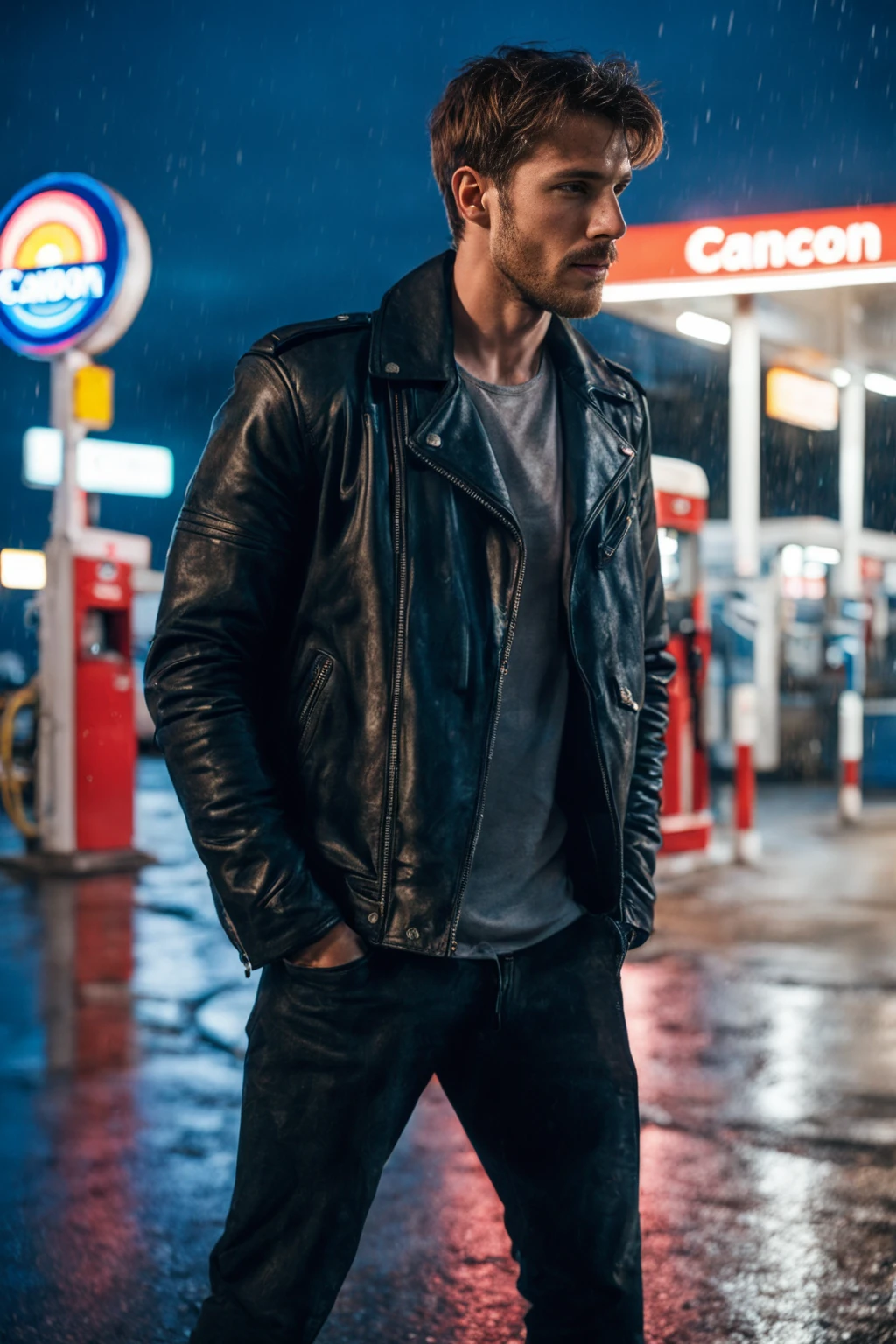 realistic, highly detailed, intricate details, detailed background, depth of field, 1boy, photo of a Scottish male, 25 years old, stubble, at the gas station in the middle of the night, neon signs, auburn hair, emotional, wearing leather jacket, pants, cinematic film still, rain, dynamic pose, dynamic angle, ((analog photo:1.3)), (amateur photography:1.3), (subsurface scattering, faded film, bokeh:1.2), (chiaroscuro, low light:1.4), selective focus, (light leaks, long exposure, motion blur, low shutter speed:1.3), moody, atmospheric, (European film, movie still, film grain:1.2), Canon EOS R6, Nokton 70mm f1.1