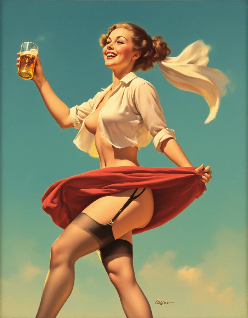 <lora:Pinup_Art:0.9> pinup art. full body. a woman holds a beer. She wears revealing shirt and skirt lifted up by wind. garter straps. smiling