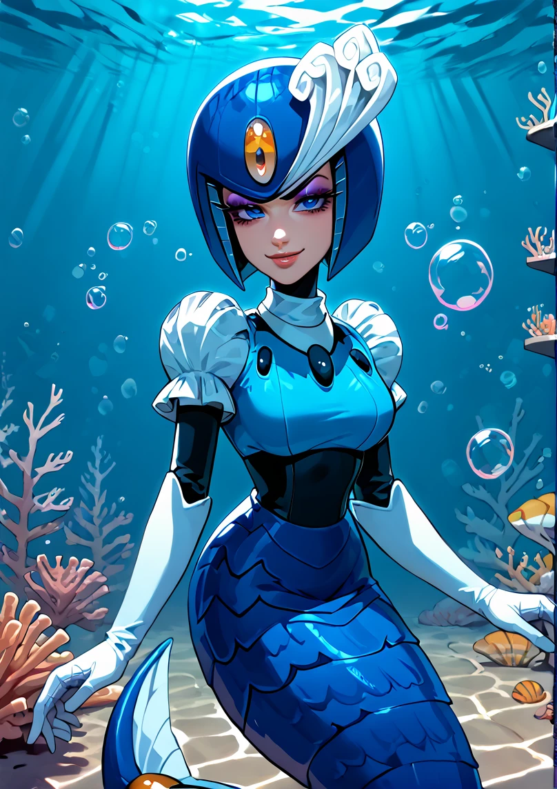 1girl,
score_6, score_7, score_8, score_9,
masterpiece, best quality, highly detailed, lips, eyeshadow,
 <lora:Splash_Woman:1.2>, blue eyes, white gloves, white design on helmet, purple eyeshadow, yellow emulate on helmet, female robot, blue mermaid tail, blue helmet, blue overshirt, puffy short sleeves, mermaid tail, black underturtleneck, long sleeves,
sassy, snob, smug, underwater, bubbles,