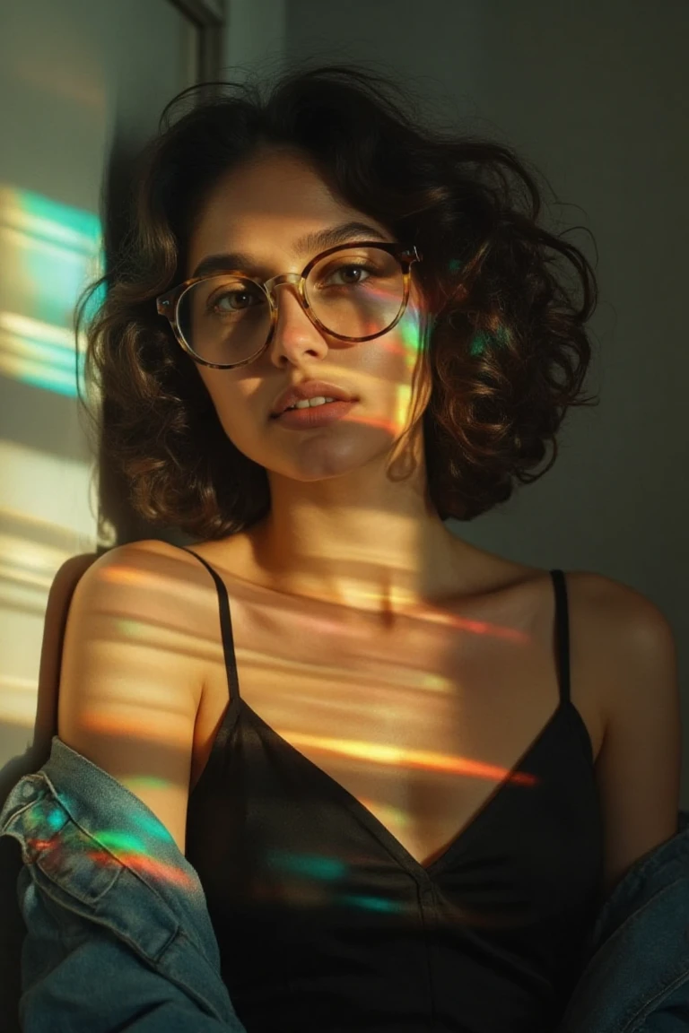 The young woman has voluminous, loosely curled dark brown hair that frames her face in a soft, effortless manner. Her skin is medium-toned, with a natural, warm complexion. The large, round glasses she wears have clear lenses and slightly thick frames, adding a vintage, intellectual vibe to her appearance. Her eyes, though partially shadowed by the lighting, convey a mix of introspection and quiet curiosity. Her lips are naturally full, with a subtle hint of color that complements her overall understated, elegant look.

She is wearing a thin-strapped black camisole, revealing her shoulders, with one side of a denim jacket loosely hanging off, giving a casual and laid-back feel to her outfit. The contrast between the minimalistic black top and the denim jacket adds depth to her style, which is simple yet chic.

The colored light patterns across her face, caused by the refraction of light, interact with her features, adding a dreamlike and ethereal quality to the image. The diagonal lines of light highlight certain parts of her face, casting soft shadows and enhancing her facial structure, especially around her cheekbones and jawline.

The overall mood she portrays is one of quiet contemplation, as though she’s lost in thought, blending seamlessly into the artistic, almost surreal environment created by the light play around her.,anaswara sdxl