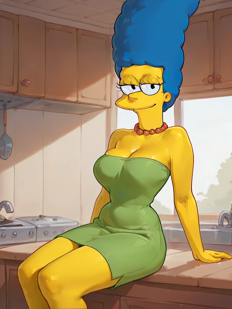 <lora:margeil:1>, margeil, 1girl, blue hair, colored skin, solo, yellow skin, afro, large breasts, smile, looking at viewer, pearl necklace, necklace, jewelry, indoors, sitting, dress, cleavage, bare shoulders , green dress, green miniskirt,  green crop top,  evocative pose, kitchen, curvy,  thick_legs  , wasp waist