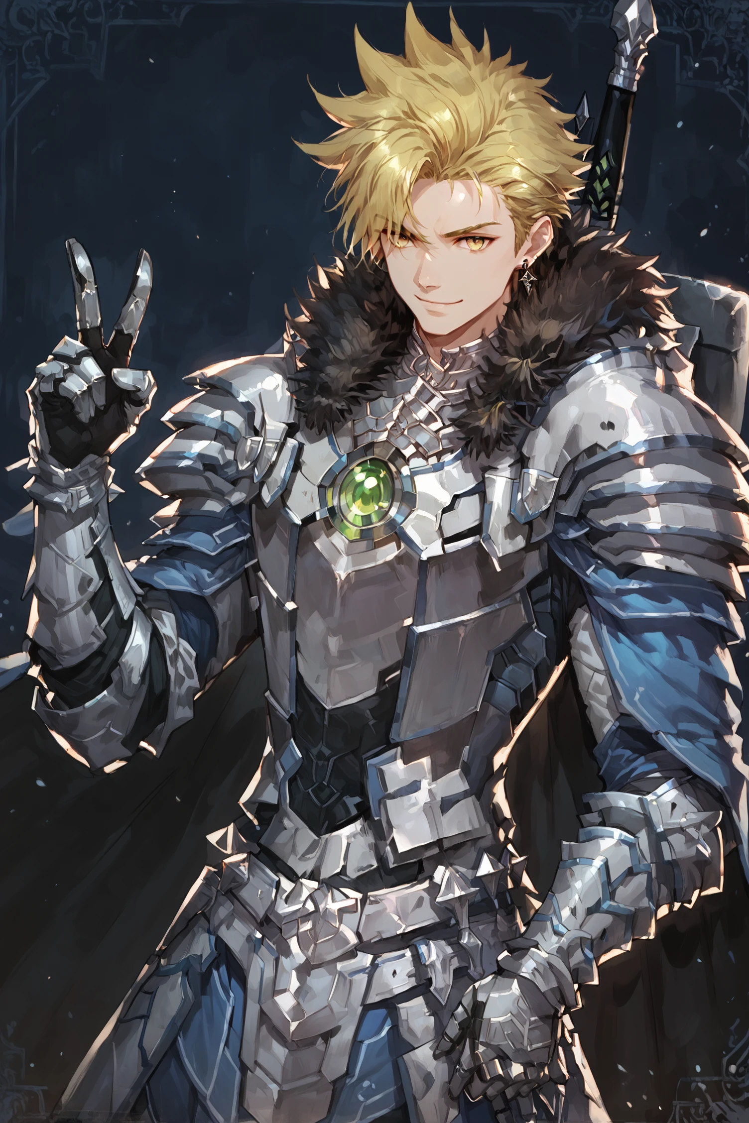 score_9_up, score_8_up, score_7_up, score_6_up, solo, 1boy, solo, krau, male focus, blonde hair, short hair, spiked hair, light skin, silver armor with blue accents, shoulder armor, standing, central green chest armor gem, yellow eyes, sword on back, standing, earring, silver gauntlets, blue cape with black lining, silver armor skirt with blue accents, (partial portrait), smiling, hand up, peace sign, dark fantasy art, grimdark, best_quality, masterpiece, dark cold color scheme, valorant style, dvs, <lora:sxz-valorant-smol-v2-pdxl:0.2> <lora:Concept Art DarkSide Style LoRA_Pony XL v6:0.9> <lora:Krau_-_Epic_Seven:0.9>