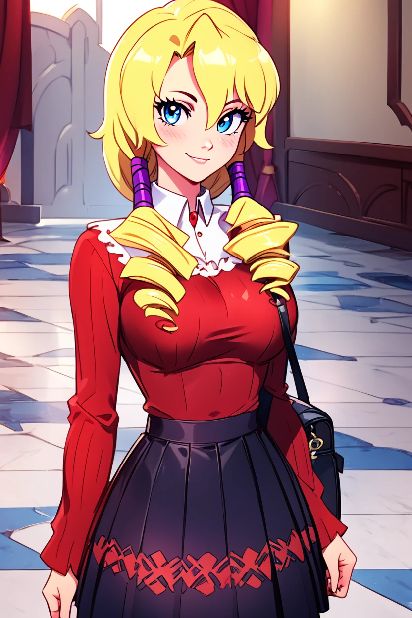 score_9, score_8_up, score_8, medium breasts, (curvy), cute, eyelashes,       ,,, , zzLashara, blue eyes, hair between eyes, blonde hair, drill hair, hair tubes, long hair, low twintails, red dress,   <lora:LasharaEarthTenchi_PDXL:1.0>,,, , BREAK, closed mouth, alternate costume, smile, looking at viewer, collared shirt, blush, sweater, black skirt, eyelashes, long sleeves, sleeves past wrists, plaid skirt, shoulder bag, black bag, blurry, tile floor, pleated skirt, white shirt, cowboy shot, ,,, embedding:zPDXL, Expressiveh, ,,, <lora:Vivid:0.7>, <lora:Uncensored_PonyXL_cpt_v02.09:0.4>, <lora:Expressive_H-000001:0.4>,