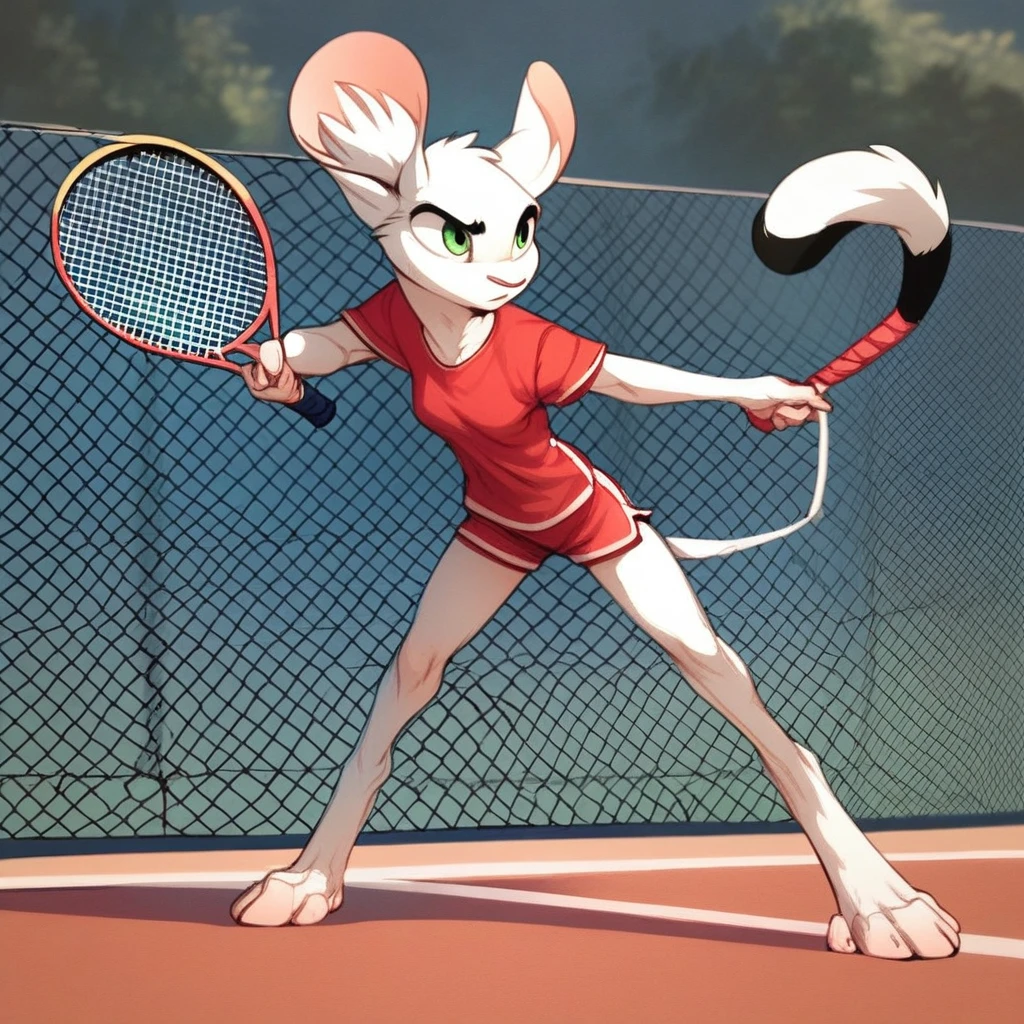 score_9, score_8_up, score_8, score_7, source_cartoon, source_furry, Expressiveh, detailed, Solo, 1girl, anthro, mouse girl, jerboa, rodent, female furry, long legs, white fur, thin tail, green eyes, digigrade feet, 2D, full body, red gym shorts, red t-shirt, holding tennis racket, playing tennis, game face, dynamic pose, tennis court, outdoors, sunny,