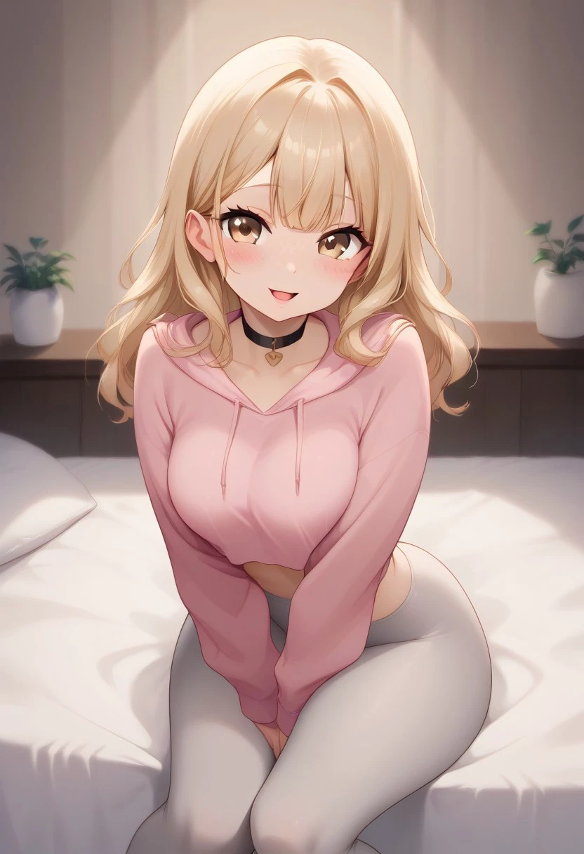 score_9, score_8_up, score_7_up, score_6_up, Expressiveh, 
very aesthetic, cute, sexy, hot, blush, flushed, blushing, godrays, easynegative, smile, wide eyes, Palime, pink hoodie, gray leggings, mouth open, sitting on a bed, v arms,