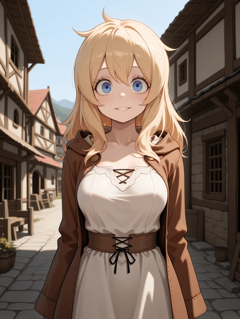 1girl, solo, Lucifina, blonde hair, long hair, blue eyes, medium breasts,smile, parted lips, medieval clothes, dress, villager girl, jacket,

village, medieval,

masterpiece, best quality,amazing quality, very aesthetic, absurdres, depth of field, blurry background, dark, extremely detailed face, detailed eyes, dark colors, (dynamic pose)