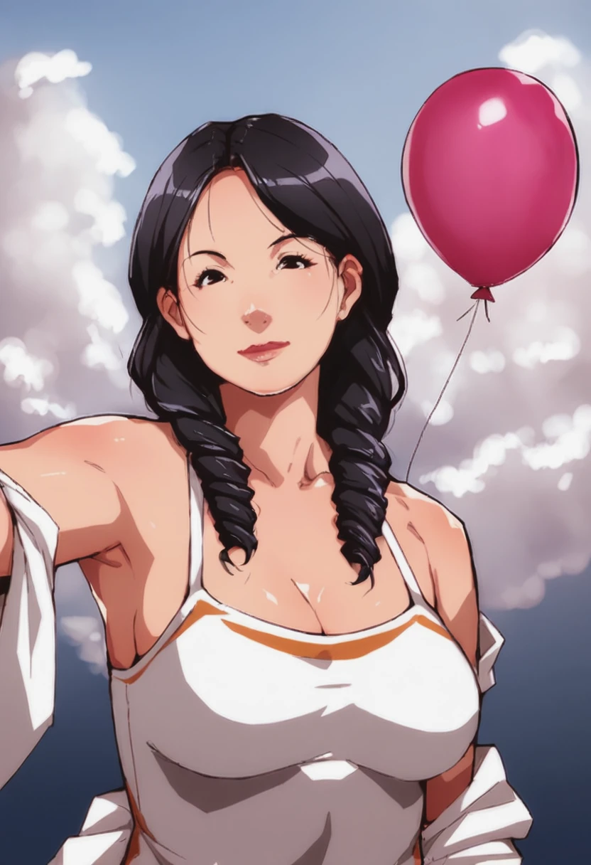 score_9, score_8_up, score_7_up, 1girl, large_breasts, mature_female, portrait, solo, looking_at_viewer, open_eyes, Standing and mimicking holding a bunch of balloons, rotated, (Cerulean Shawl), drill hair, braids, Jet Black hair, runway, cropped_shoulders...