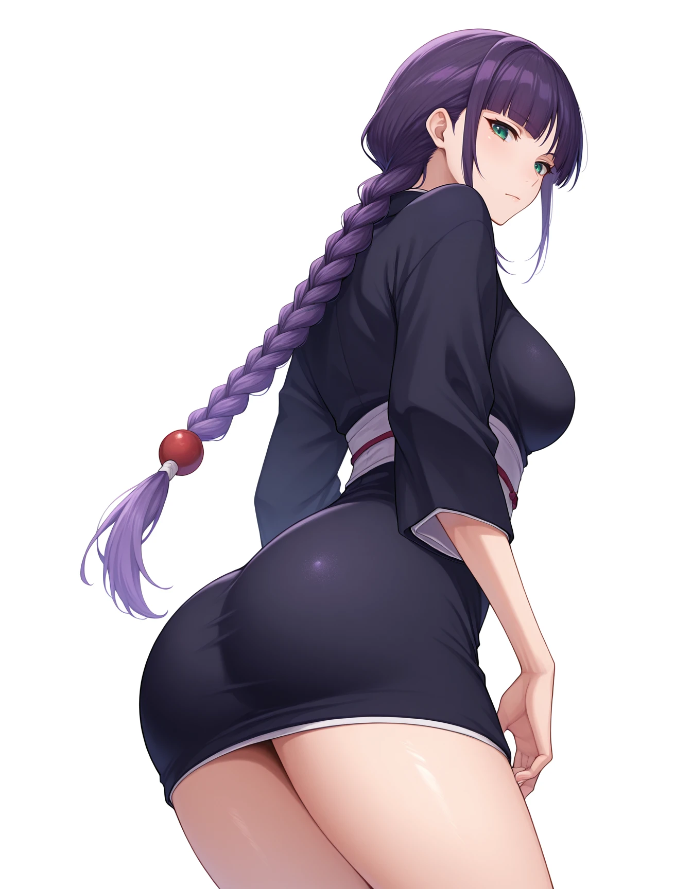 <lora:Nemu_Illustrious:1>n3mu, 1girl, long hair, single braid, white background, green eyes, looking at viewer, short black kimono, purple hair, simple background, braided ponytail, closed mouth, thighs, looking back, breasts, masterpiece, best quality