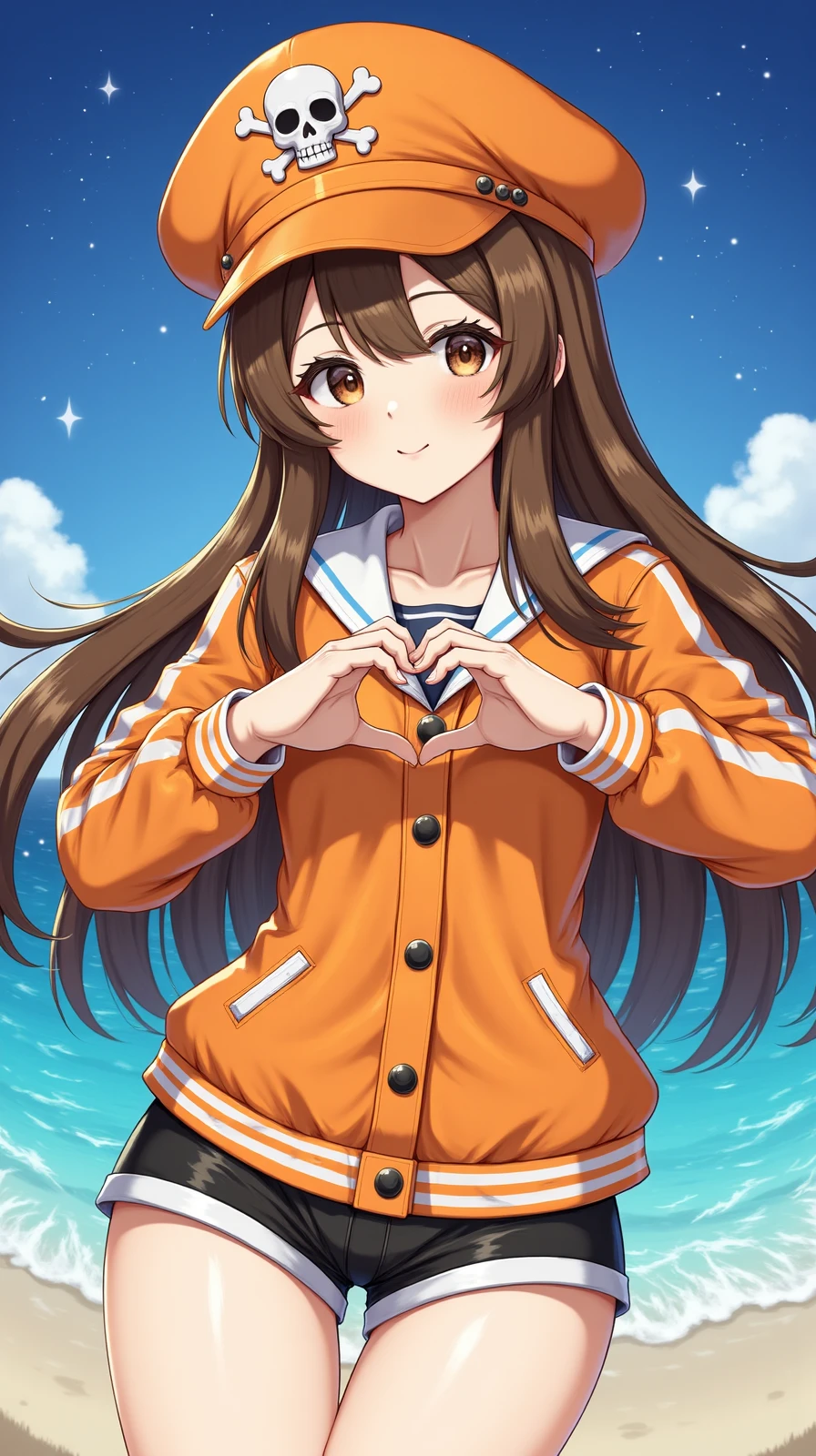 Sm1gas, 1girl, orange jacket, brown_eyes, hat, heart hands,high school sailor uniform,ocean, starry sky,ultra definition, ultra high resolution, super resolution, best aesthetics, detailed face, detailed hair, detailed skin, detailed eyes
<lora:may-v6:1>