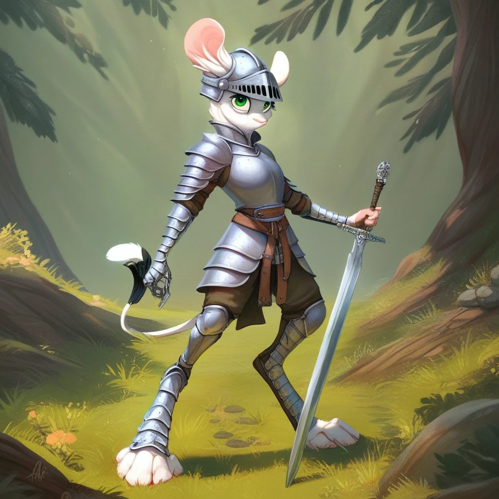 score_9, score_8_up, score_8, score_7, source_cartoon, source_furry, Expressiveh, detailed, Solo, 1girl, anthro, mouse girl, jerboa, rodent, female furry, long legs, white fur, thin tail, green eyes, digigrade feet, 2D, full body, medieval knight armor, medieval knight helmet, holding double edged sword, forest background, looking at viewer, standing, spring season,