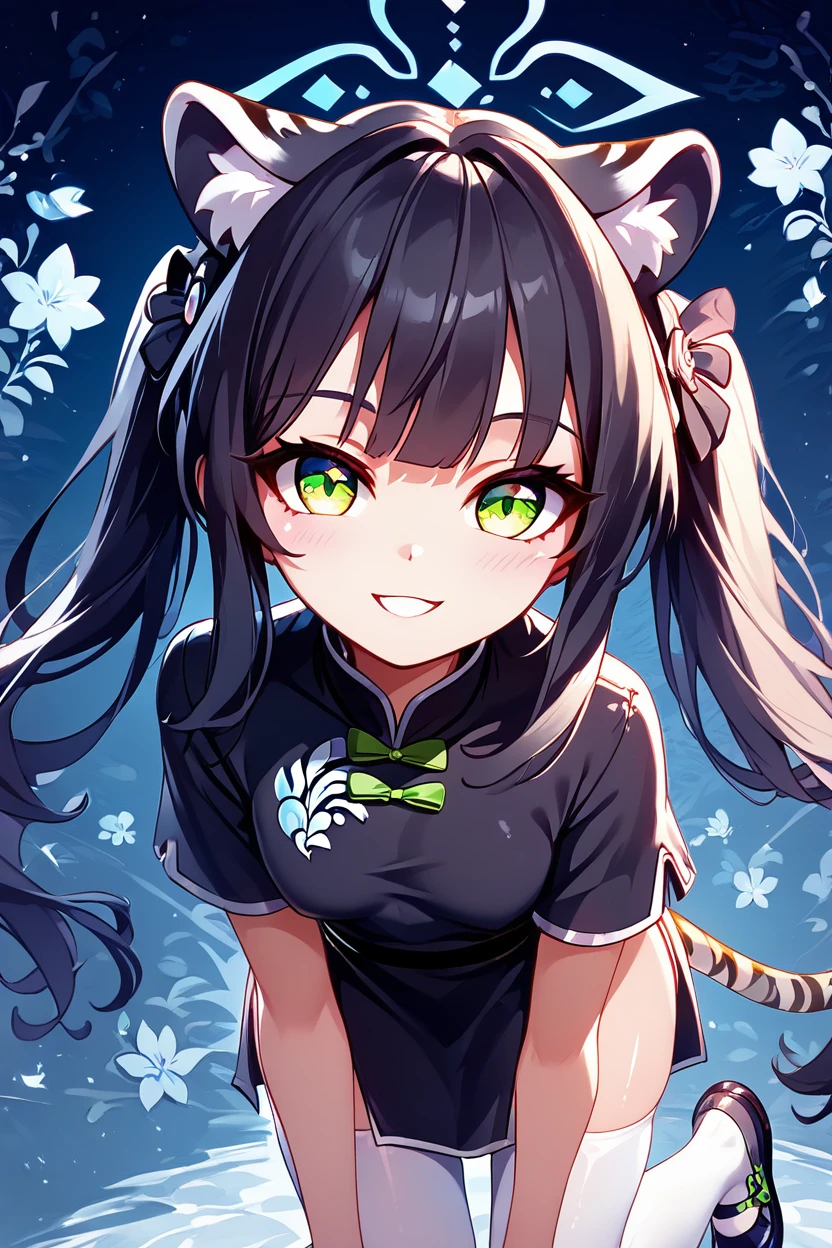 score_9, score_8_up, score_8, medium breasts, (curvy), cute, eyelashes,       BREAK, , ,,,  zzShun, green eyes, black hair, blunt bangs, long hair, animal ears, tiger ears, halo, animal ear fluff, twintails, tiger girl, extra ears, black dress, black footwear, china dress, shoes, short sleeves, white thighhighs,  (leaning forward, foreshortening), <lora:Shun_BlueArchive_PDXL_v2:0.8>,  ,,,  , BREAK, ,,, upper body, smile, looking at viewer, ,,, shiny skin, <lora:ProAnime_PDXL_v1:0.8>, night, soft shadows, moonlight reflecting off skin, whisper of wind, ,,, embedding:zPDXL, Expressiveh, <lora:SDXLFaeTastic2400:0.5>, <lora:Expressive_H-000001:0.4>,