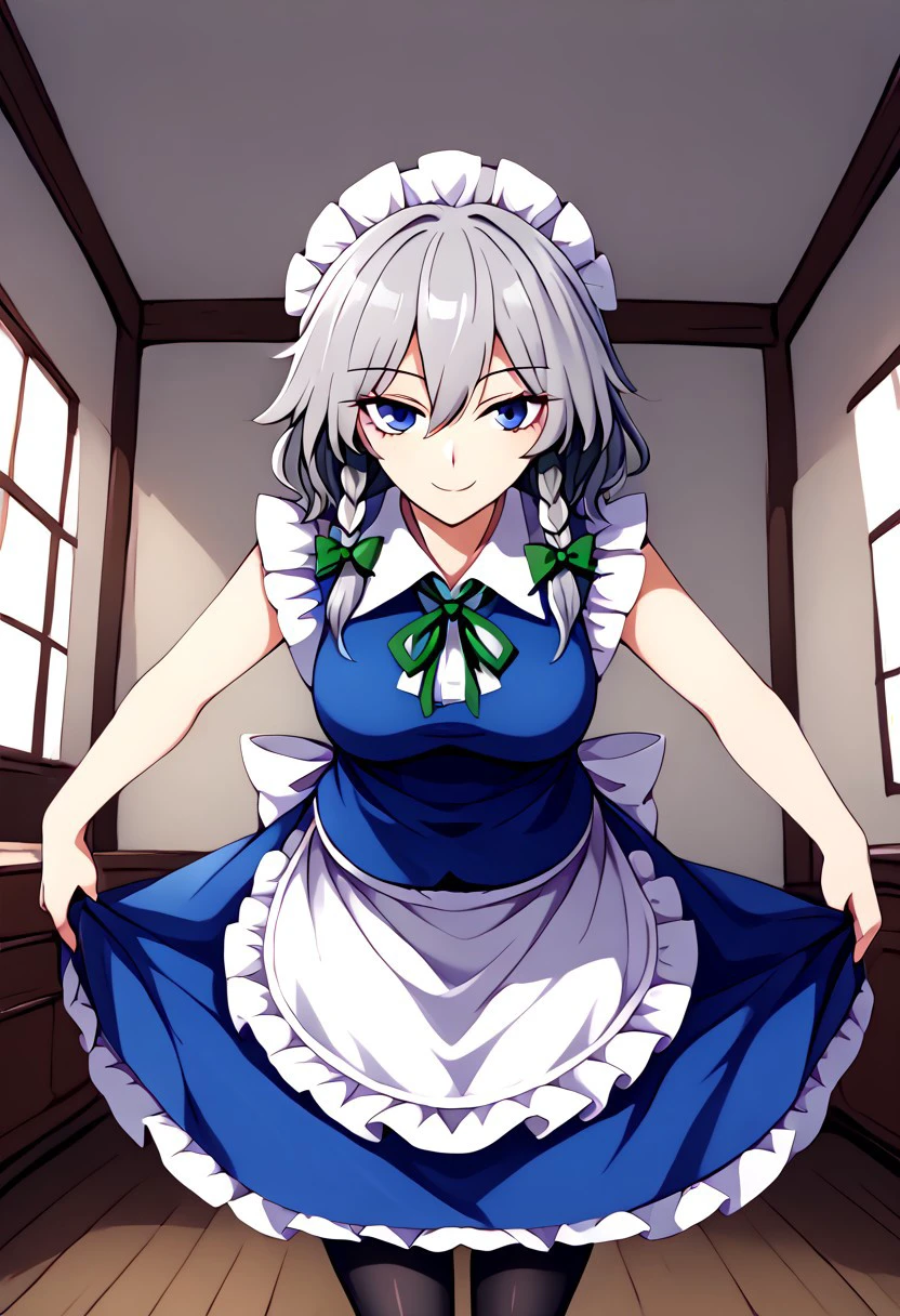 ((ssaf style)), adult, ((Sakuya)), ((Sakuya Izayoi)), ((touhou)), ((grey hair)), medium hair, ((solo)), blue eyes, maid headdress, blue vest, blue skirt, white apron, black pantyhose, bare hands, 1girl, looking at viewer, standing, light smile, ((living room background)), day time.