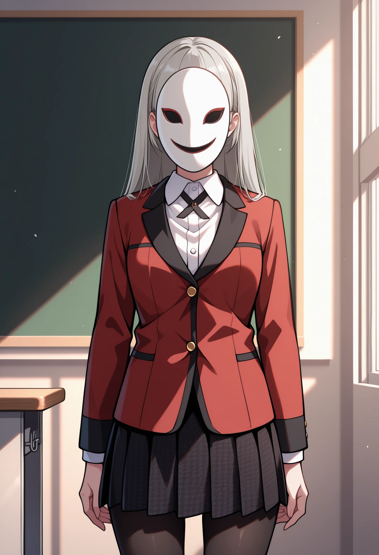 masterpiece, best quality, <break> solo, 1girl, r1rika, looking at viewer, standing, arms at sides, long hair, grey hair, blunt bangs, hime cut, mask, covered face, red jacket, blazer, long sleeves, white shirt, collared shirt, cross tie, black skirt, pleated skirt, houndstooth, black pantyhose, indoors, classroom
<segment:yolo-Anzhc Face seg 640 v2 y8n.pt,0.4,0.5//cid=1>