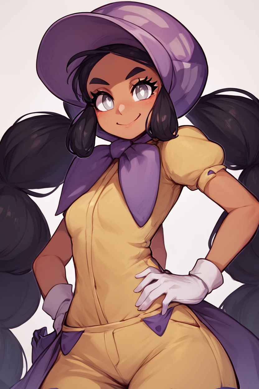 score_9, score_8_up, score_8, medium breasts, (curvy), cute, eyelashes,       ,,, , ,,, zzHapu, grey eyes, black hair, long hair, twintails, very long hair, dark skin, bright pupils, white pupils, gloves, purple bonnet, short sleeves, jumpsuit,   <lora:Hapu_Pokemon_PDXL:1.0>,    ,,,, BREAK, <lora:Afrobull_PDXL_v5:0.8>,  ,,, BREAK, smile, looking at viewer, closed mouth, cowboy shot,  ,,, embedding:zPDXL, Expressiveh, ,,, <lora:SDXLFaeTastic2400:0.5>, <lora:Expressive_H-000001:0.4>,