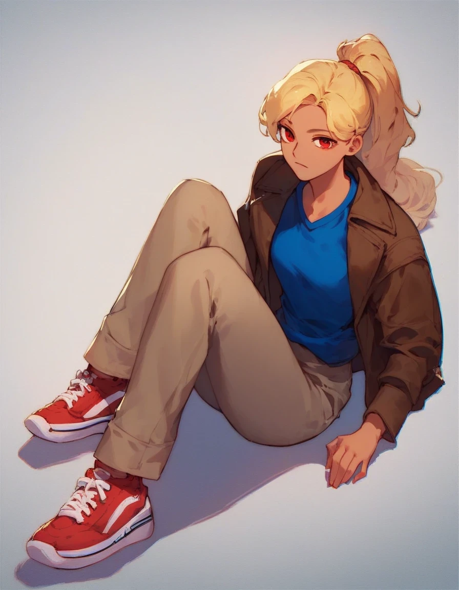 LilithEXE, 1girl, long hair, blonde hair, shirt, red eyes, long sleeves, jacket, ponytail, shoes, pants, blue shirt, red footwear, sneakers, brown pants, brown jacket, tan pants, red shoes. solo, full body,