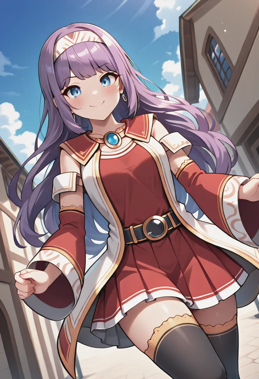 masterpiece,best quality,absurdres,perfect lighting,fantasy,town,outdoors,sky,
*//*,<lora:BishopOld_Illustrious:1>,bishop_old,purple hair,long hair,bangs,hairband,blue eyes,dress,red dress,detached sleeves,pleated skirt,black thighhighs,shoes,
*//*,looking at viewer,cowboy shot,dutch angle,dynamic pose,smile,