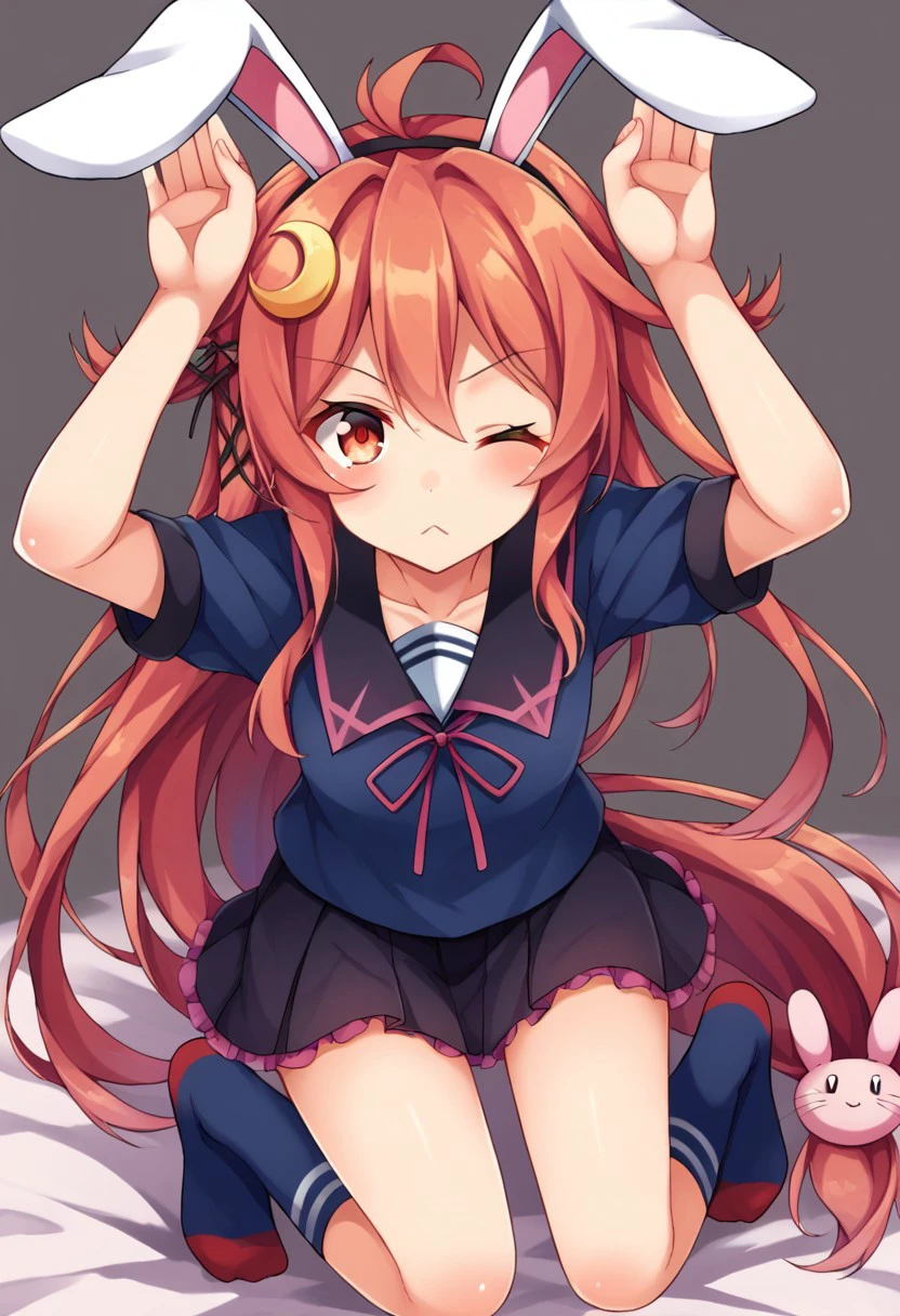 score_9, score_8, score_7, source_anime, uzuki (kancolle), crescent hair ornament, rabbit hair ornament, collarbone, blue socks, fake animal ears, kemonomimi mode, rabbit pose, arms up, one eye closed, black serafuku, :3