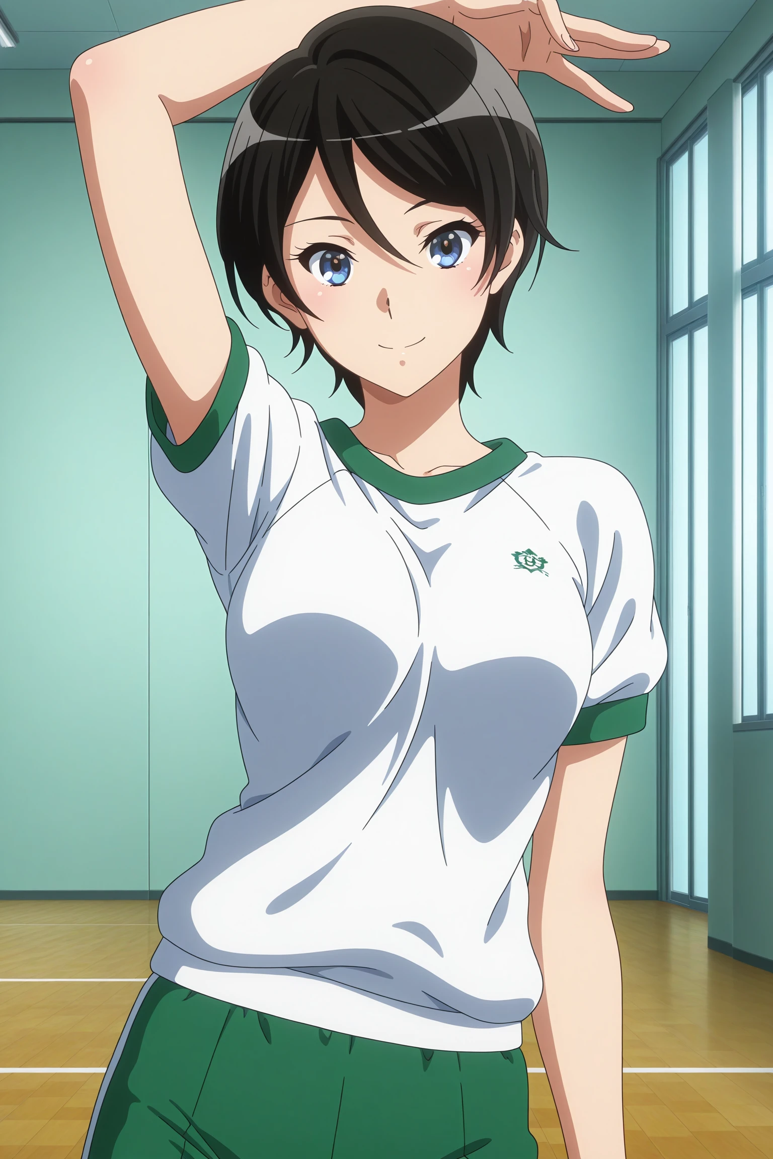 masterpiece, best quality, amazing quality, highres, absurdres, very aesthetic, high resolution, ultra detailed, perfect details, 1girl, solo, indoors, gym, medium breasts, suzuki mirei, short hair, hair between eyes, blue eyes, gym uniform, white shirt, green pants, short shorts, white kneehighs, sneakers, <lora:Mirei_Suzuki_ILXL:0.8>, (aged up:1.4), (upper body:1.5), looking at viewer, smile, (pose:1.5), (anime coloring:1.5), (anime screencap:1.5)