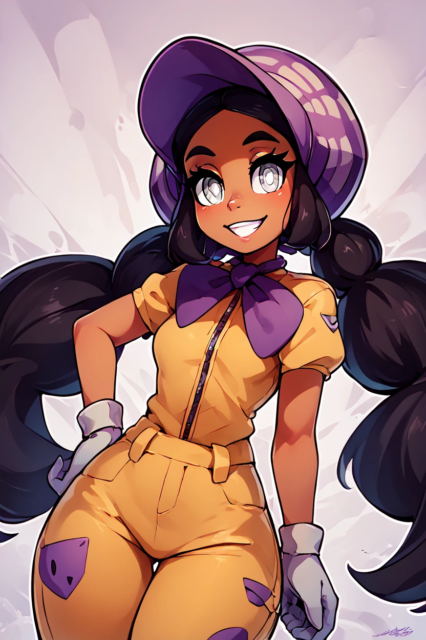 score_9, score_8_up, score_8, medium breasts, (curvy), cute, eyelashes,       ,,, , ,,, zzHapu, grey eyes, black hair, long hair, twintails, very long hair, dark skin, bright pupils, white pupils, gloves, purple bonnet, short sleeves, jumpsuit,   <lora:Hapu_Pokemon_PDXL:1.0>,    ,,,, BREAK, smile, looking at viewer, ,,, abstract background, white outline, cowboy shot, ,,, embedding:zPDXL, Expressiveh, ,,, <lora:theOtherHalfPDXL:0.8>, <lora:CatalystStylePDXL:0.6>, <lora:SDXLFaeTastic2400:0.5>, <lora:Expressive_H-000001:0.4>,