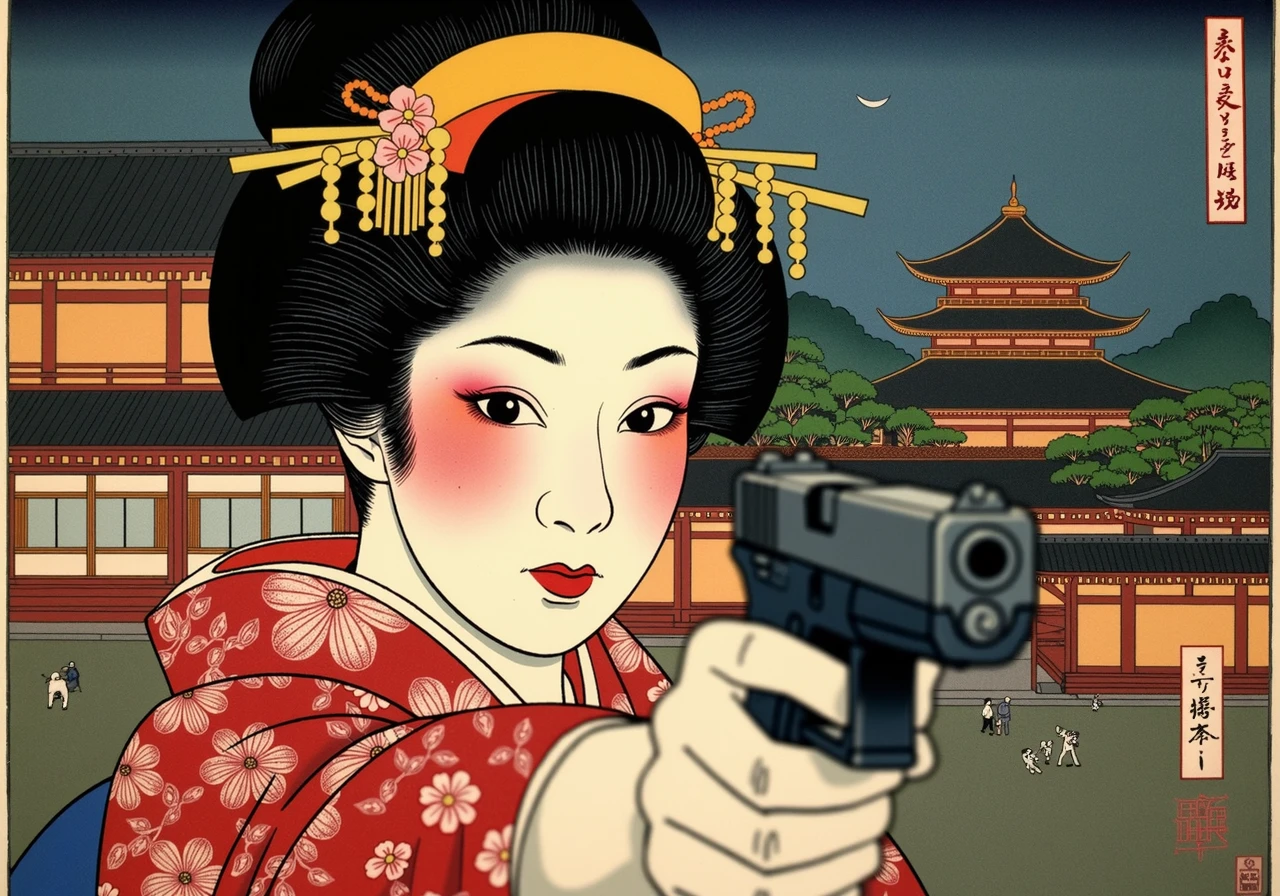 detailed ukiyo-e Japanese blockprint of an intense close up shot of a young woman geisha aiming G17Model glock pistol at viewer, she wears a traditional kimoni, traditional makeup accentuating her beauty, the background the interior of an ancient Japanese castle courtyard at night, the art meticulously colored in great detail<lora:Glock (G17)_epoch_12.safetensors:1:1>