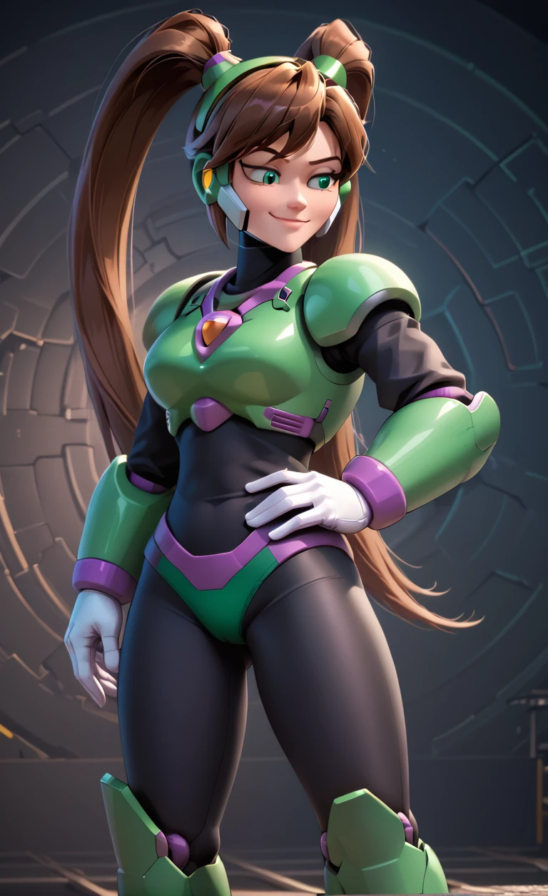 1girl, solo, 
score_6, score_7, score_8, score_9,
masterpiece, best quality, highly detailed,
 <lora:Quake_Woman_-_Tempo:0.85>, green eyes, brown hair, long twintails, green armor, black undershirt,  black shirt under armor, white gloves, black tights, female robot, large boots, green bottoms, purple hems, green panties, solo, headpiece, 
upper_body, joy, smug, hand on hip, cybernetic background,