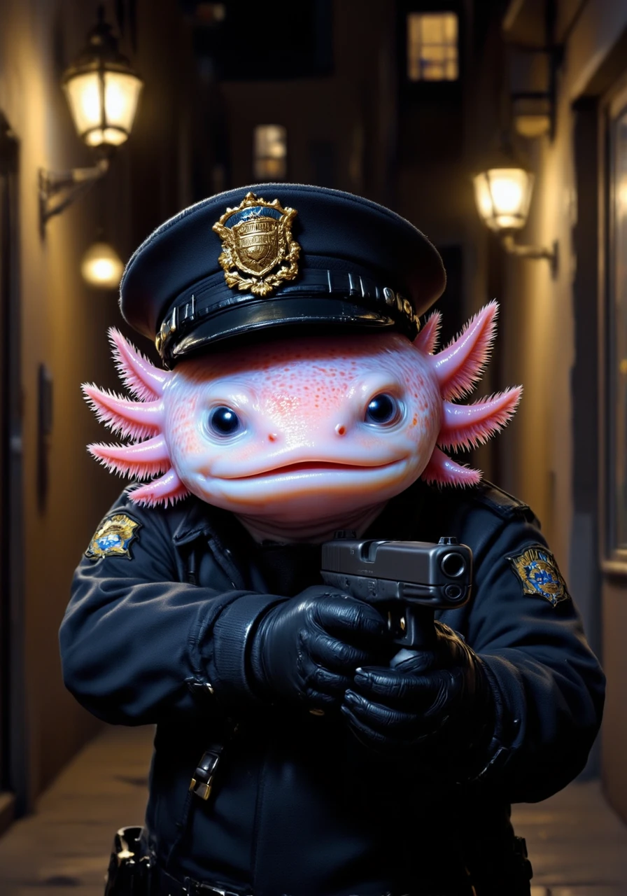 an axolotl aiming a matte black G17Model glock pistol gripped in it's gloved hands, wearing a policeman's uniform with a cap, with a grim expression on it's face, in an dark alleyway at night, the axolotl has pink frilly gills and round black eyes, (axolotl:0.85)<lora:Axomodel_Flux_V1.1.safetensors:0.85:0.85> <lora:Glock (G17)_epoch_12.safetensors:1:1> <lora:PCB_Image_Enhancer_for_FLUX.safetensors:1:1>