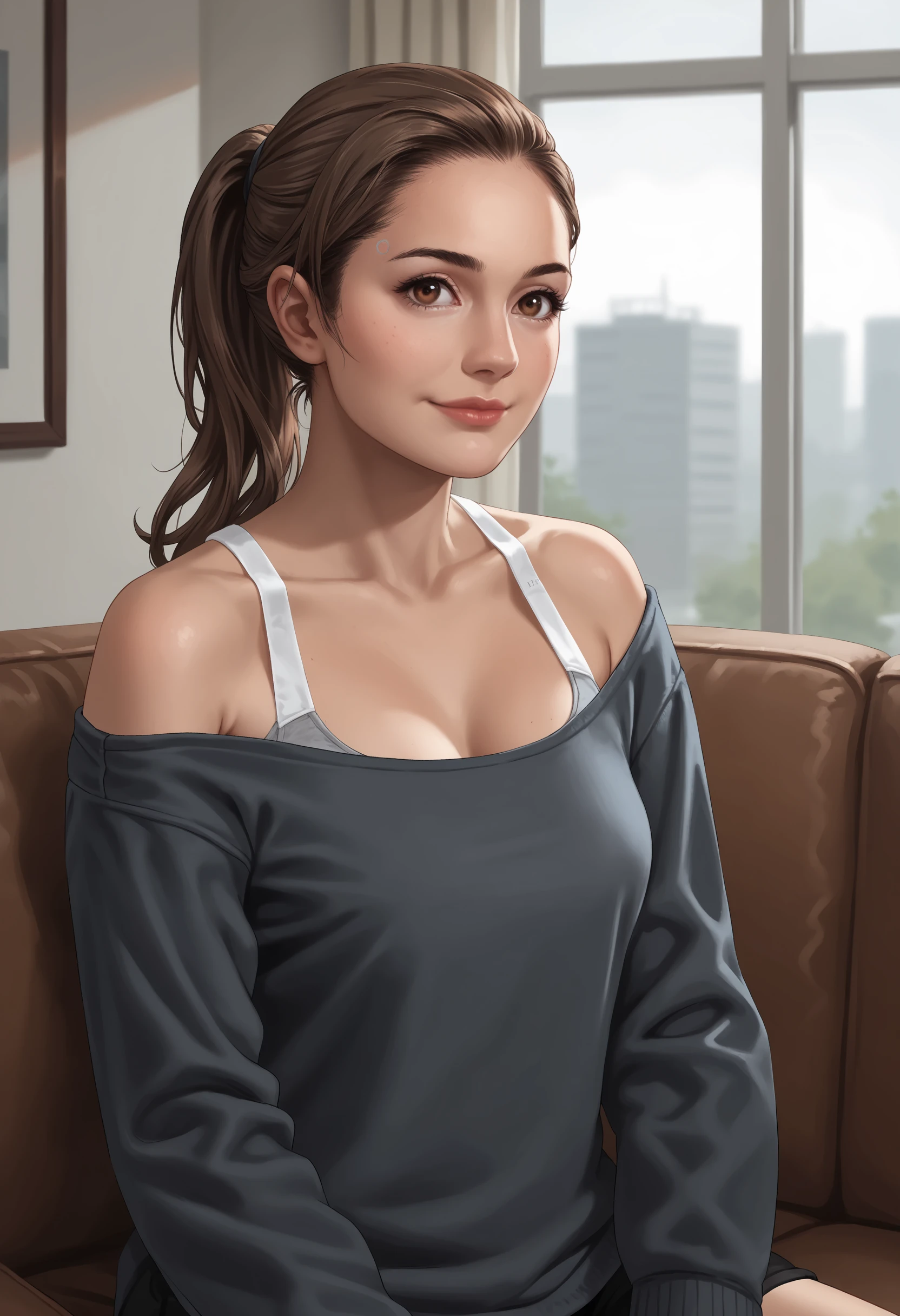 score_9, score_8_up, score_7_up, score_6_up, score_5_up, score_4_up, 1girl, <lora:NorthDBH:0.7> fnorth, brown hair, ponytail, brown eyes, lips, breasts, sweater, off shoulder, tank top, shorts, upper body, looking at viewer, smile, sitting,
futuristic home, sofa, indoors,