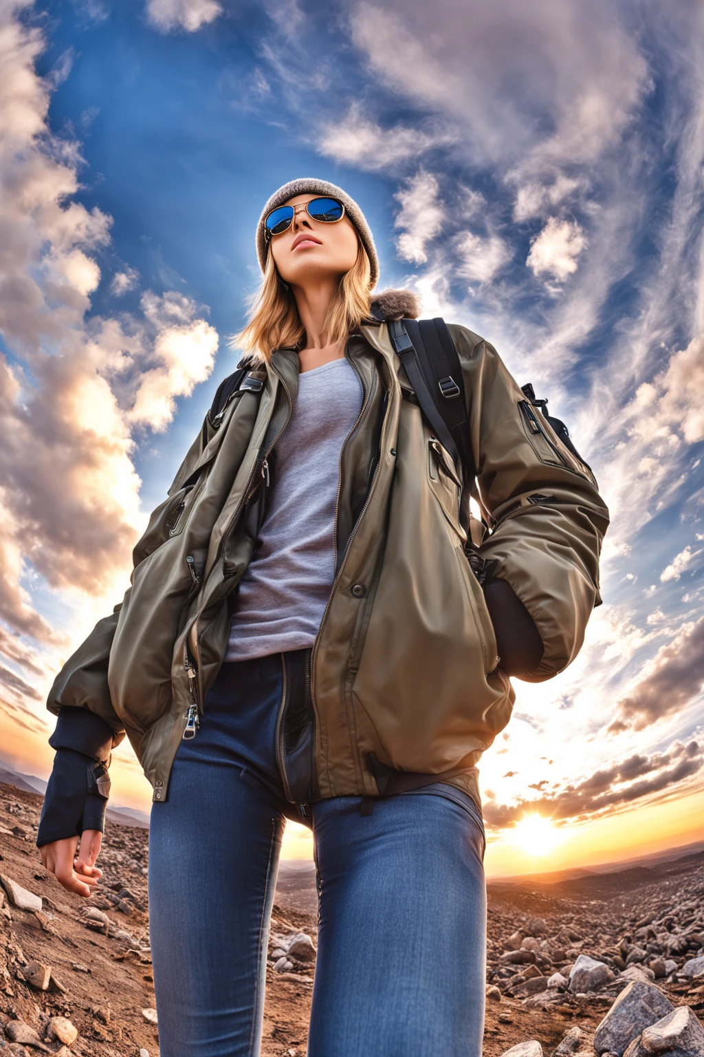 low angle full body photo,(masterpiece, best quality), woman sasha luss, jacket, beard, walking, beanie, sunglasses, ((from below, looking up, fisheye)), upper body, wasteland, sunset, solo focus, cloudy sky, backpack, hands in pockets, ray tracing, extremely detailed, professional light, ultra high res, hdr