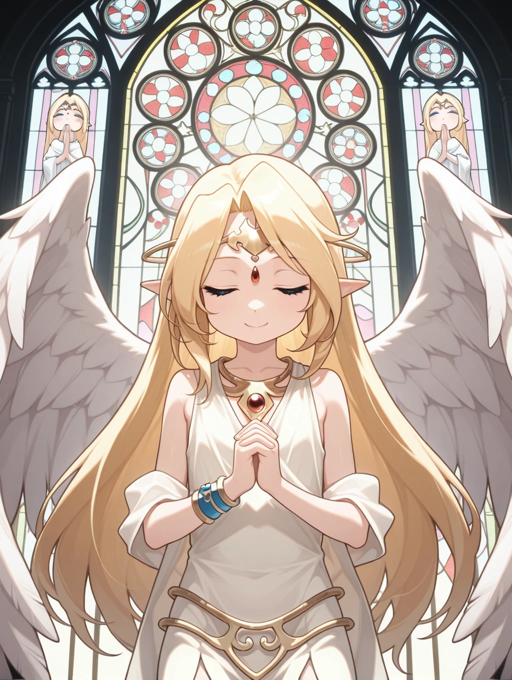 1girl, Ilias, blonde hair, long hair, blue eyes, wings, angel wings, feathered wings, angel, angel, pointy ears, jewelry, white dress, circlet, bare shoulders, flat chest

heaven, celestial, ((stained glass)), ((stained glass style))

smile, closed eyes, praying

masterpiece, best quality,amazing quality, very aesthetic, absurdres, depth of field, blurry background, dark, extremely detailed face, detailed eyes, dark colors, dynamic pose