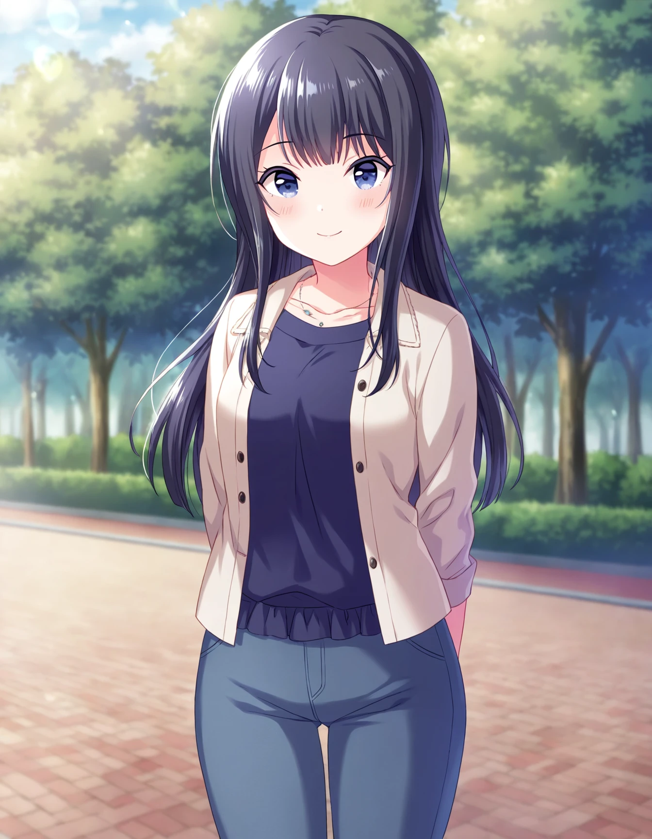 1girl, solo, cowboy shot, nagase kotono, idoly pride, casual, jacket, pants, standing, arms behind back, looking at viewer, smile, blush, outdoors, park, day, BREAK, <lora:iKotono:0.72>,
very aesthetic, high definition, amazing quality, masterpiece, best quality, highres, absurdres, sensitive, newest, anime screenshot, screencap