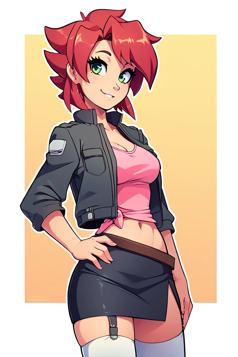 score_9, score_8_up, score_8, medium breasts, (curvy), cute, eyelashes,       ,,, , zzChiaia, 1girl, solo, red hair, short hair, green eyes, pink shirt, black skirt, white thighhighs, jacket, cropped jacket, belt,<lora:ChiaiaFlanTenchi_PDXL:1.0>,,,, BREAK, smile, looking at viewer, ,,, abstract background, white outline, cowboy shot, ,,, embedding:zPDXL, Expressiveh, ,,, <lora:theOtherHalfPDXL:0.8>, <lora:CatalystStylePDXL:0.6>, <lora:SDXLFaeTastic2400:0.5>, <lora:Expressive_H-000001:0.4>,