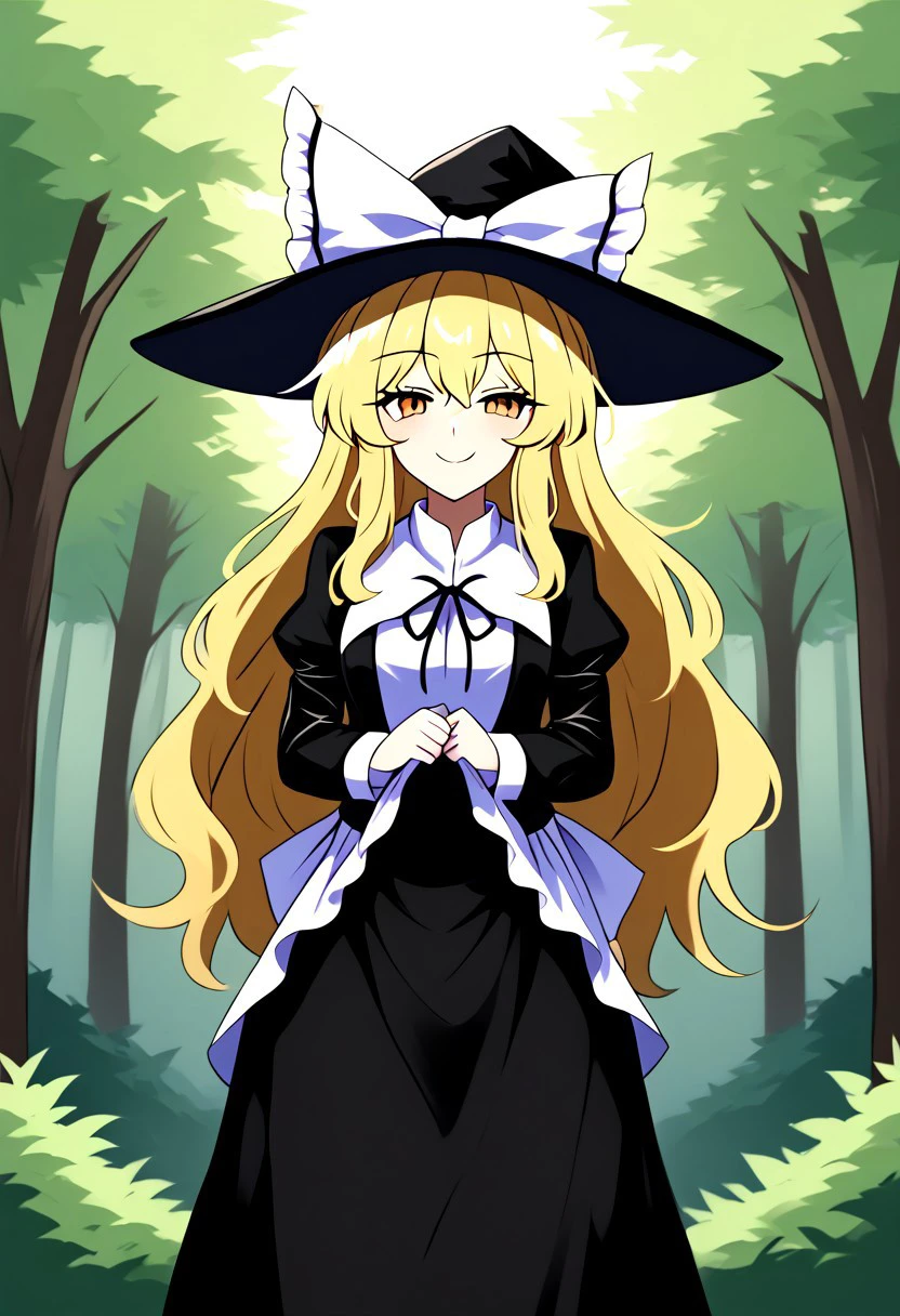 ((ssaf style)), adult, ((Marisa)), ((Marisa Kirisame)), ((touhou)), ((blonde hair)), long hair, witch hat, black hat, white bow, white apron, ((solo)), yellow, eyes, black clothes, black long skirt, 1girl, looking at viewer, posing, smirk, ((forest background)), day time.