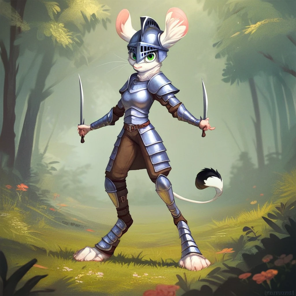 score_9, score_8_up, score_8, score_7, source_cartoon, source_furry, Expressiveh, detailed, Solo, 1girl, anthro, mouse girl, jerboa, rodent, female furry, long legs, white fur, thin tail, green eyes, digigrade feet, 2D, full body, medieval knight armor, medieval knight helmet, holding double edged sword, forest background, looking at viewer, standing, spring season,