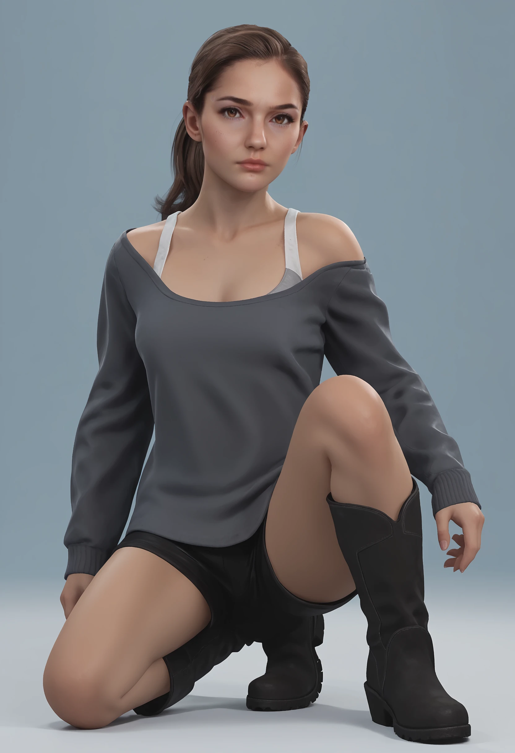 score_9, score_8_up, score_7_up, score_6_up, score_5_up, score_4_up, 1girl, <lora:NorthDBH:0.7> fnorth, brown hair, ponytail, brown eyes, lips, breasts, sweater, off shoulder, tank top, shorts, boots, full body, one knee, looking at viewer,
light blue background, simple background,