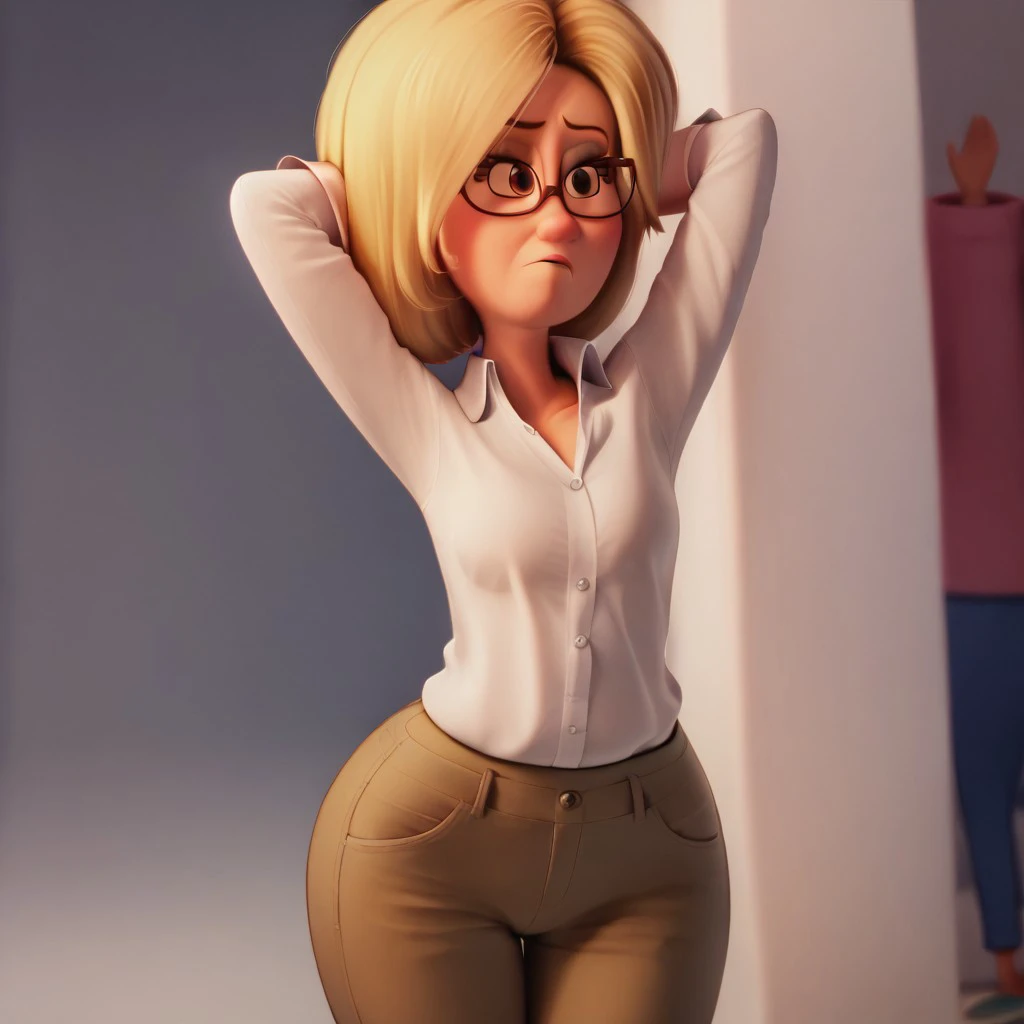 score_9, score_8, score_7, art by disney pixar studios, break, linda_ht, 1girl, blonde hair, short hair, glasses, brown eyes, collared shirt, pants, wide hips, hands behind head, looking at viewer