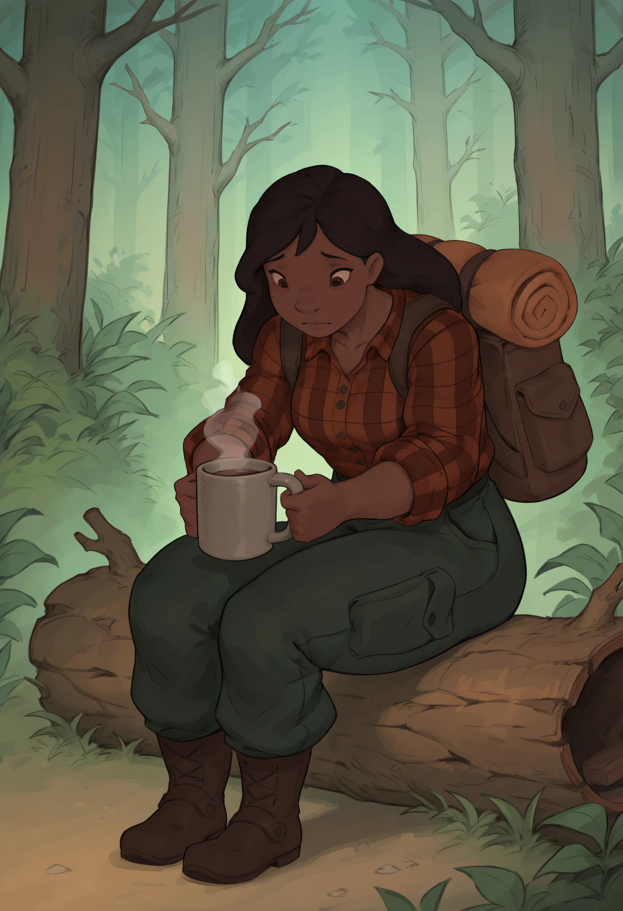 masterpiece, best quality, 1girl,
nnplk, 1girl, dark-skinned female, brown eyes, black hair, long hair, dark skin,
Forest campsite, mossy ground, rugged backpack, flannel shirt, boots by fire, sharpening knife, calm expression, crackling firewood, leaning on log, distant stars, calm demeanor, warm glow, rustling leaves, morning dew, hand on mug, relaxed vibe
<lora:nnplk_idxl_EliPot:1>