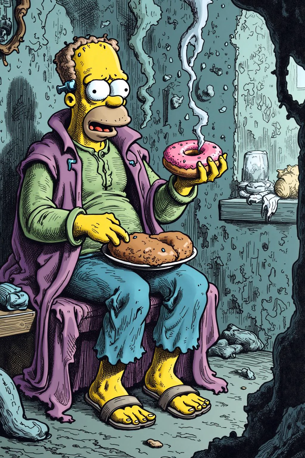 gusdore1 illustration. Homer Simpson dressed as Frankenstein, eating a doughnut during a thunderstorm <lora:gusdore1_nocap_d4a2e8:1.0><lora:801218358281245283:0>