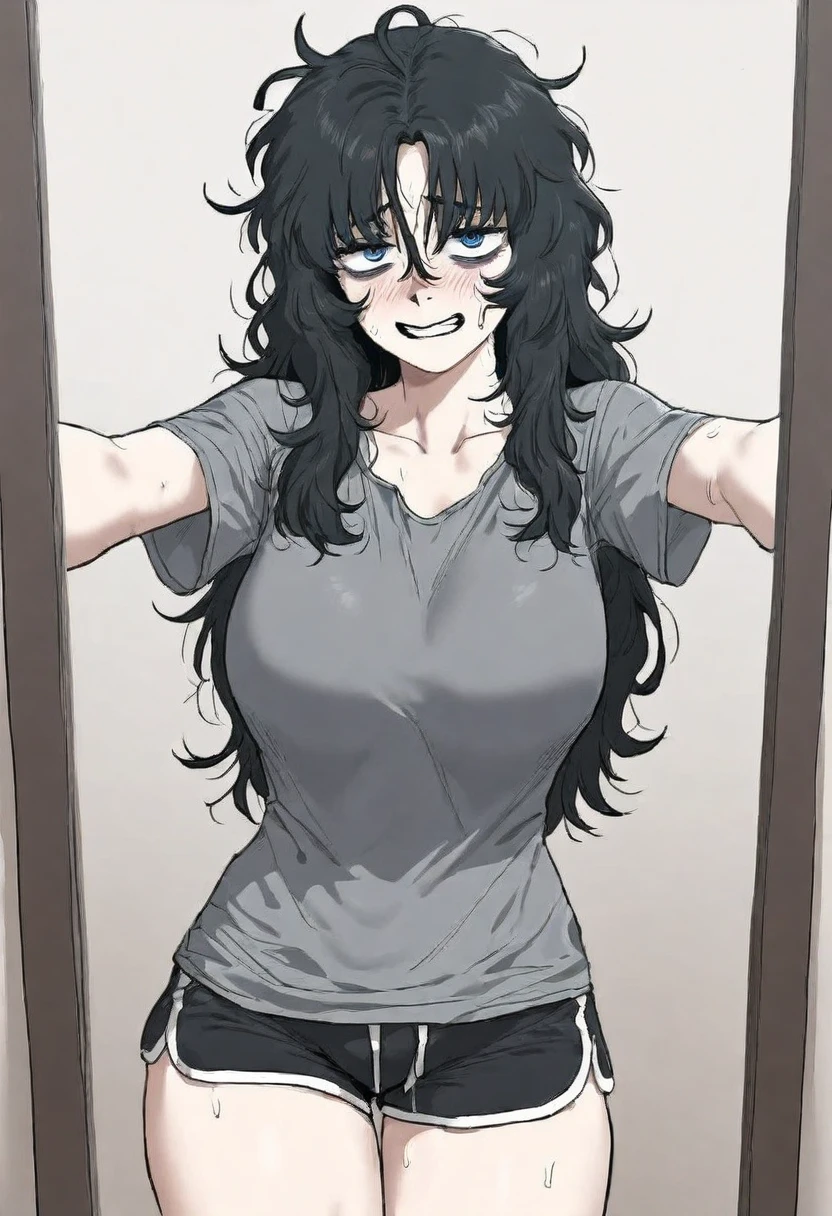 gye baeksun, looking at the viewer, long hair, collarbone, sweat, sanpaku, nervous smile, teeth, grey shirt, dolphin shorts, black hair, messy hair, breasts, large breasts, blue eyes, bags under eyes, selfie, mirror shot, <lora:Character_Gye Baeksun - Authentic:0.75>