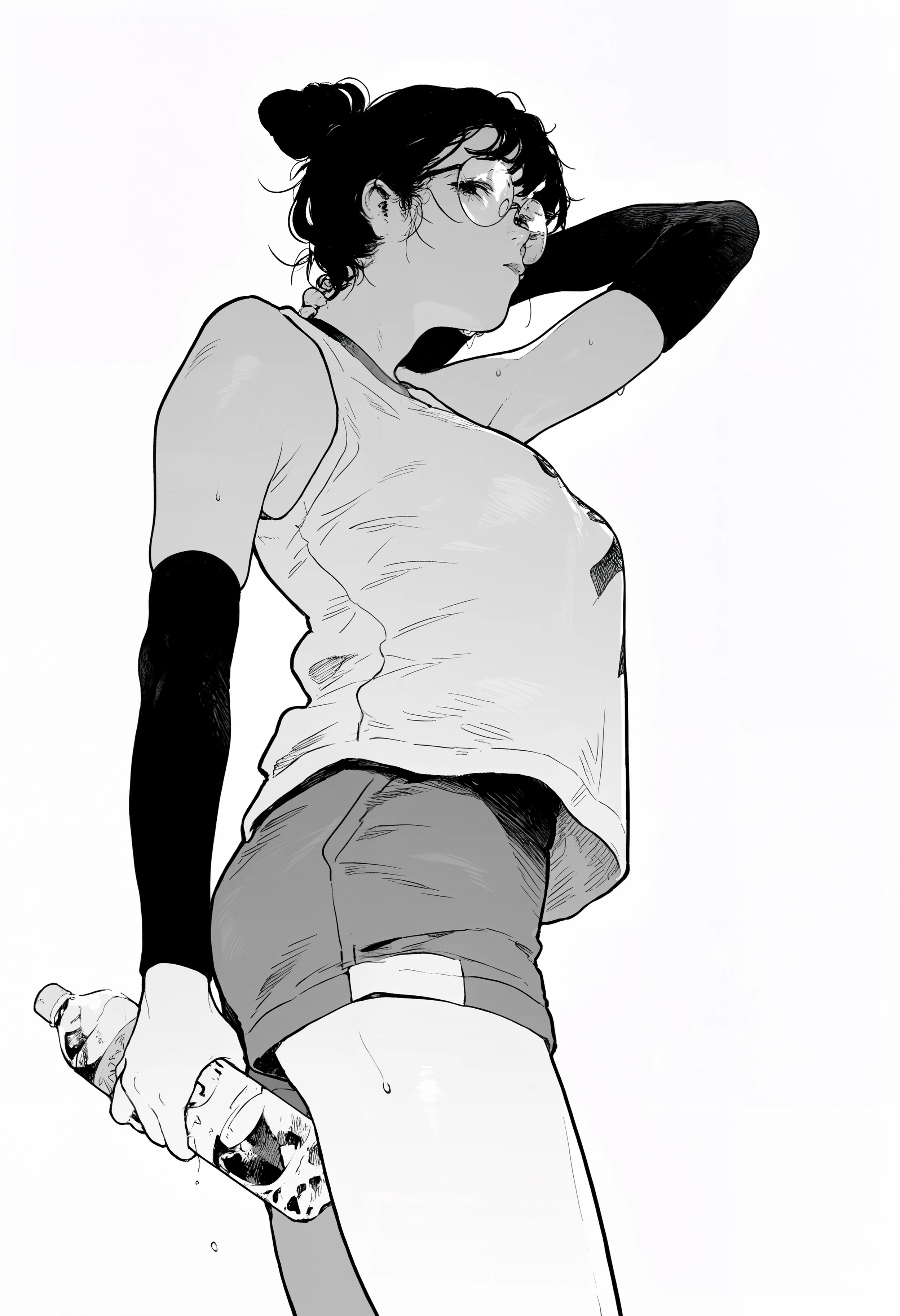 amazing quality, newest, absurdres, realistic, white background, monochrome, hatching \(texture\),   1girl, messy hair, hair bun, black hair, round eyewear, gym uniform, sleeveless shirt, shorts, black elbow sleeve, breasts,  side view, from below, hand on own neck, arm behind head, holding bottle, looking at viewer,   <lora:takayanagi_katsuya>