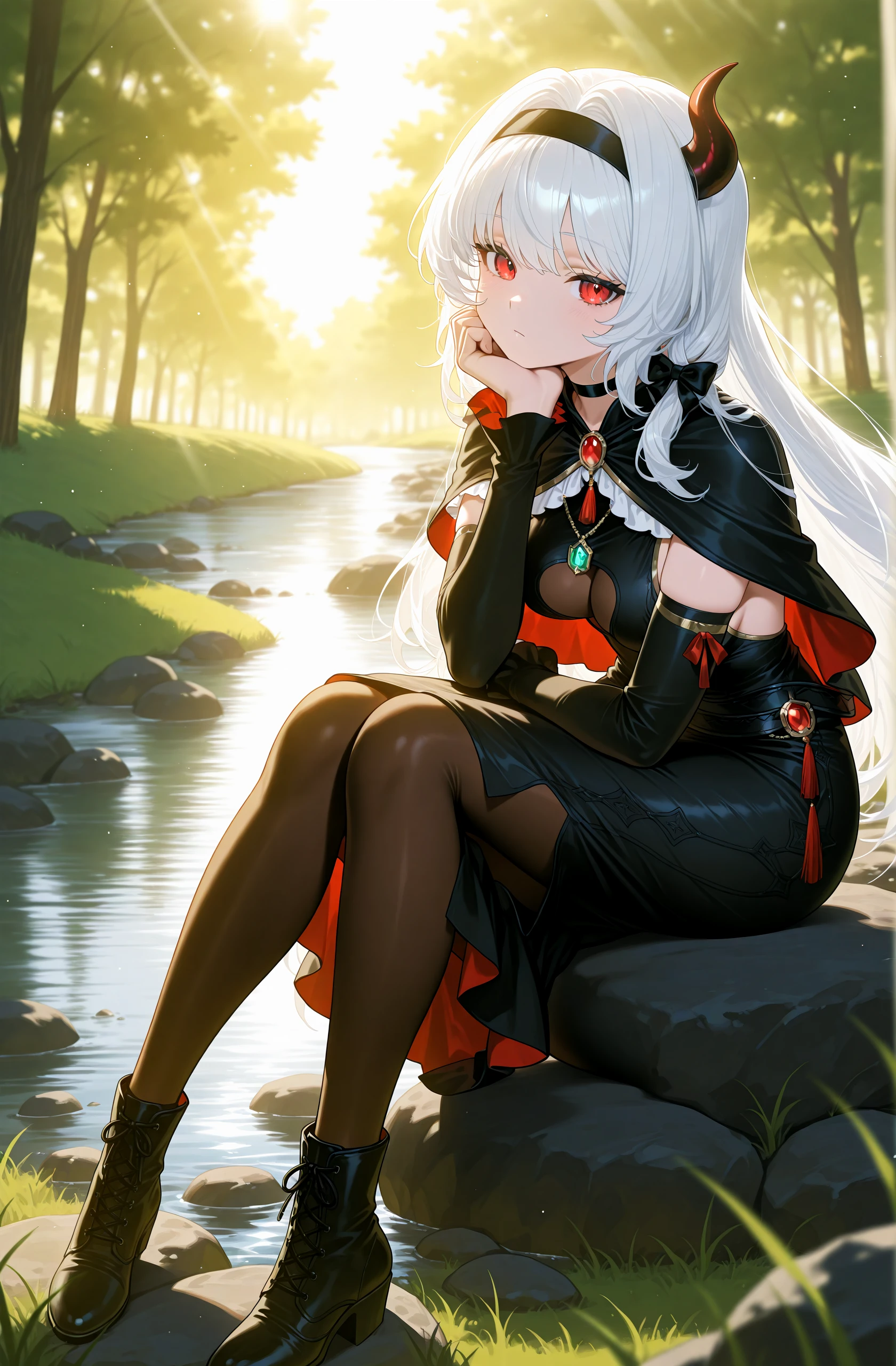 1girl,
<lora:priscillia38:1>, pprisc, white hair, horn, hair bow, hairband, brooch, necklace, black dress, elbow sleeves, capelet, pantyhose, boots, sitting on rock, head resting on chin, looking at viewer, 
outdoors, river, trees, sunlight, grass, 
high resolution, ultra-detailed, absurdres, masterpiece, best quality, good quality, newest,